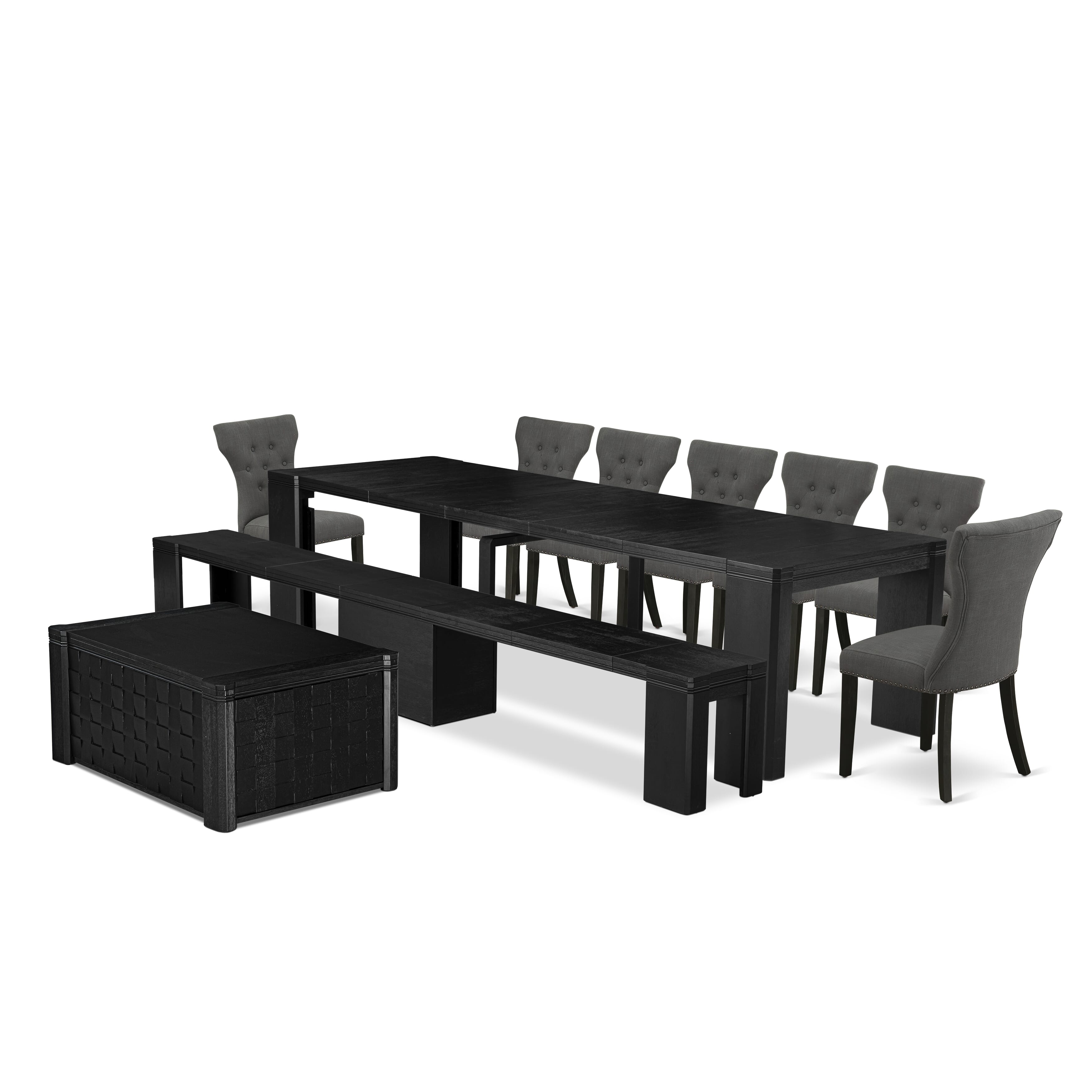 X07GA-BC6-50 10-pc Xtenczar Dining Table Set a Rectangular Kitchen Table with a coffee Table and a wooden Bench and 7 Dark Gotham Grey Fabric Dining Chair, Wire Brushed Black
