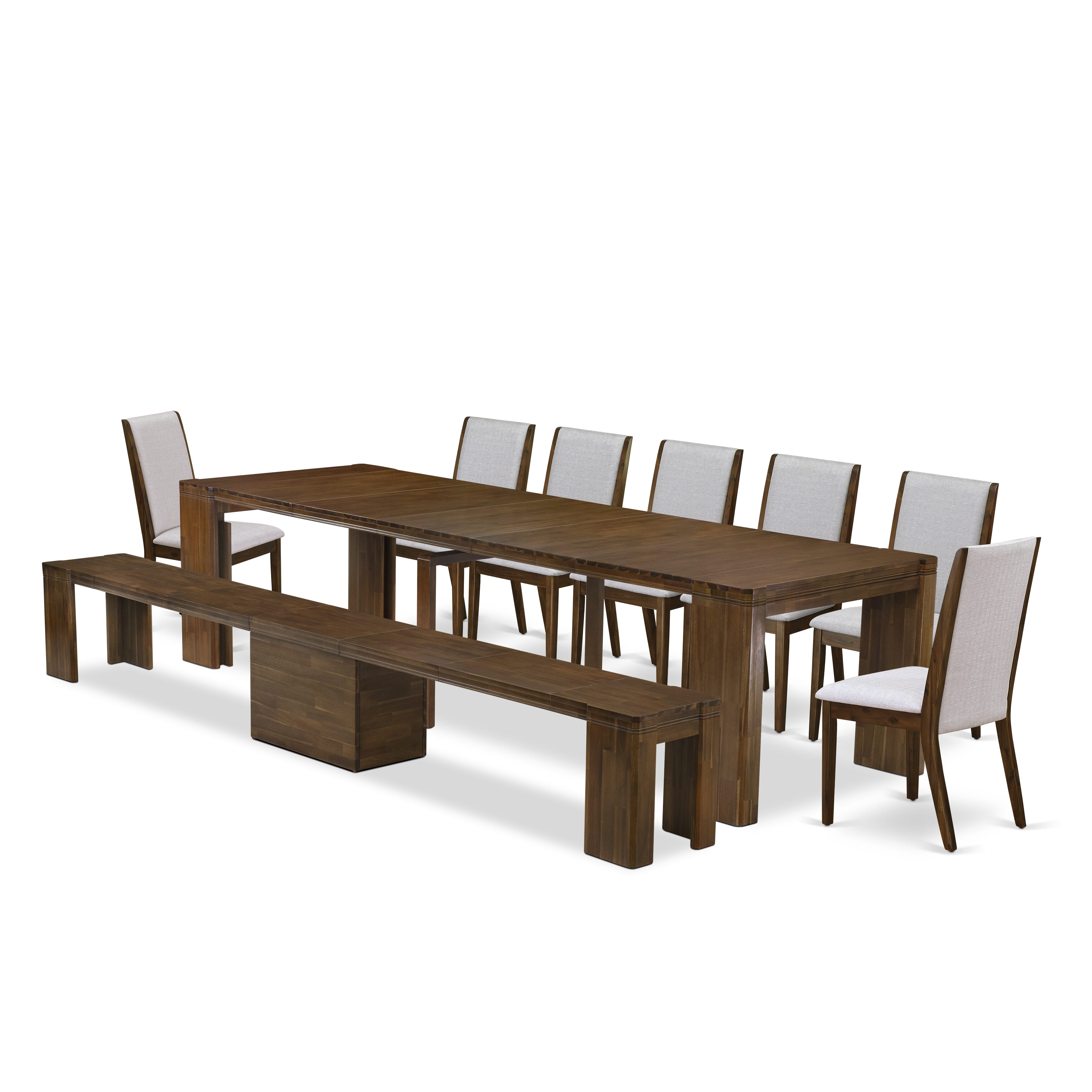 X07LA-B08-05 -9 Pieces Extendable Dining Set Includes a Rectangle Xtenczar Kitchen Table, 7 Grey Linen Fabric Dining Chairs and 1 Modern Bench, Antique Walnut