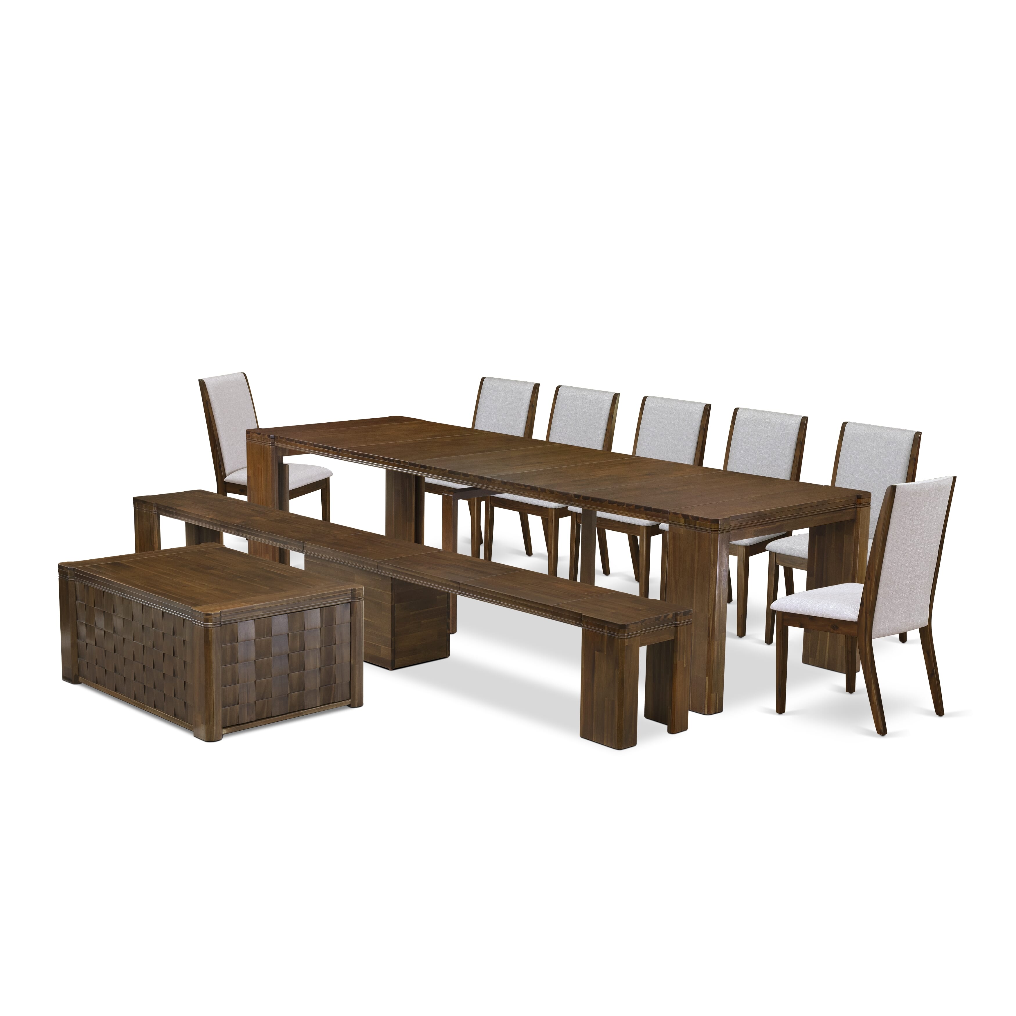 X07LA-BC8-05 -10 Pieces Extendable Dining Set Includes a Rectangle Xtenczar Table, 1 Coffee Table, 7 Grey Linen Fabric Dining Chairs and 1 Modern Bench, Antique Walnut
