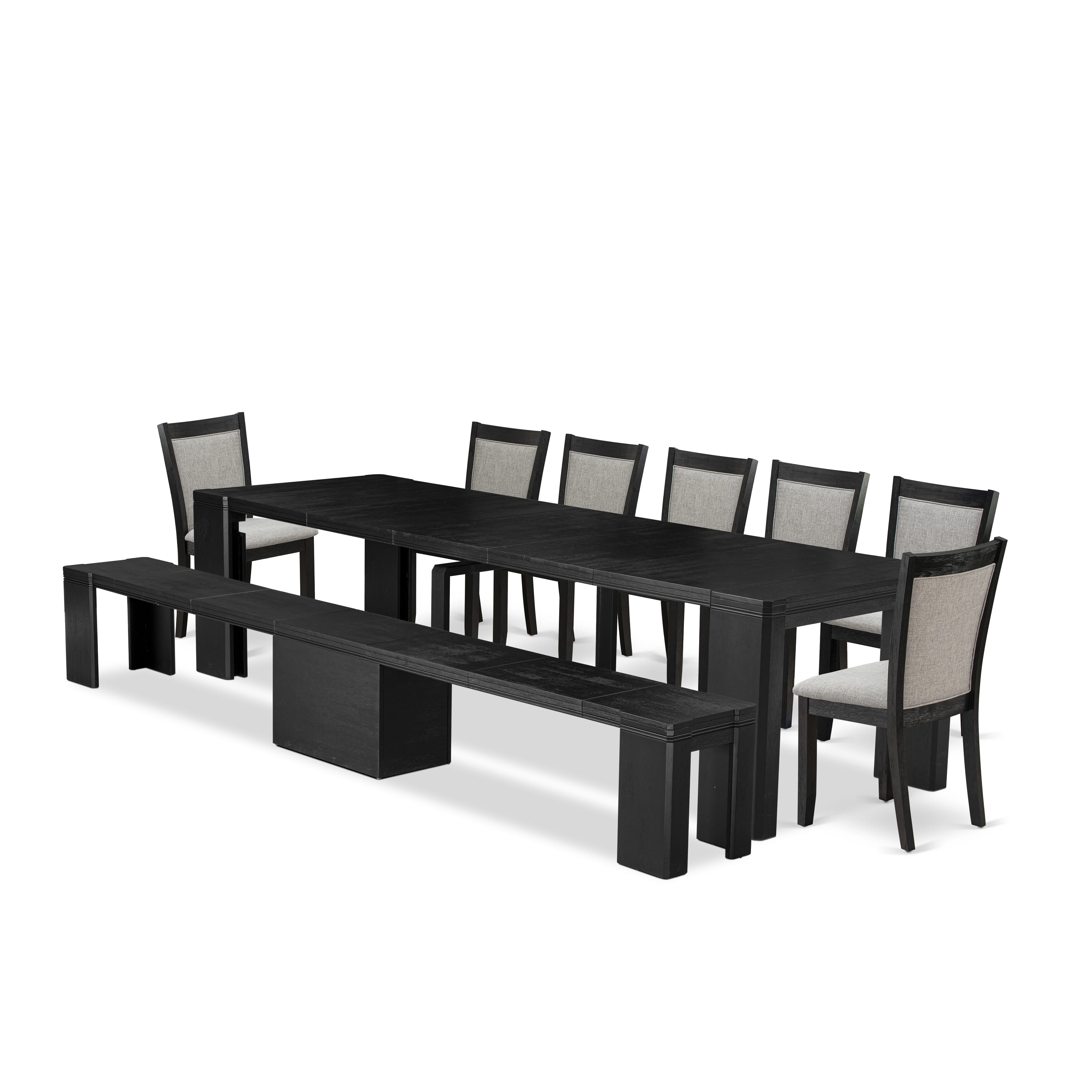 X07MZ-B06-06 9-piece Xtenczar Dining Table Set a Rectangular Xtenczar Dining Table with wooden Benches and 7 Shitake Linen Fabric Dining Chair, Wire Brushed Black