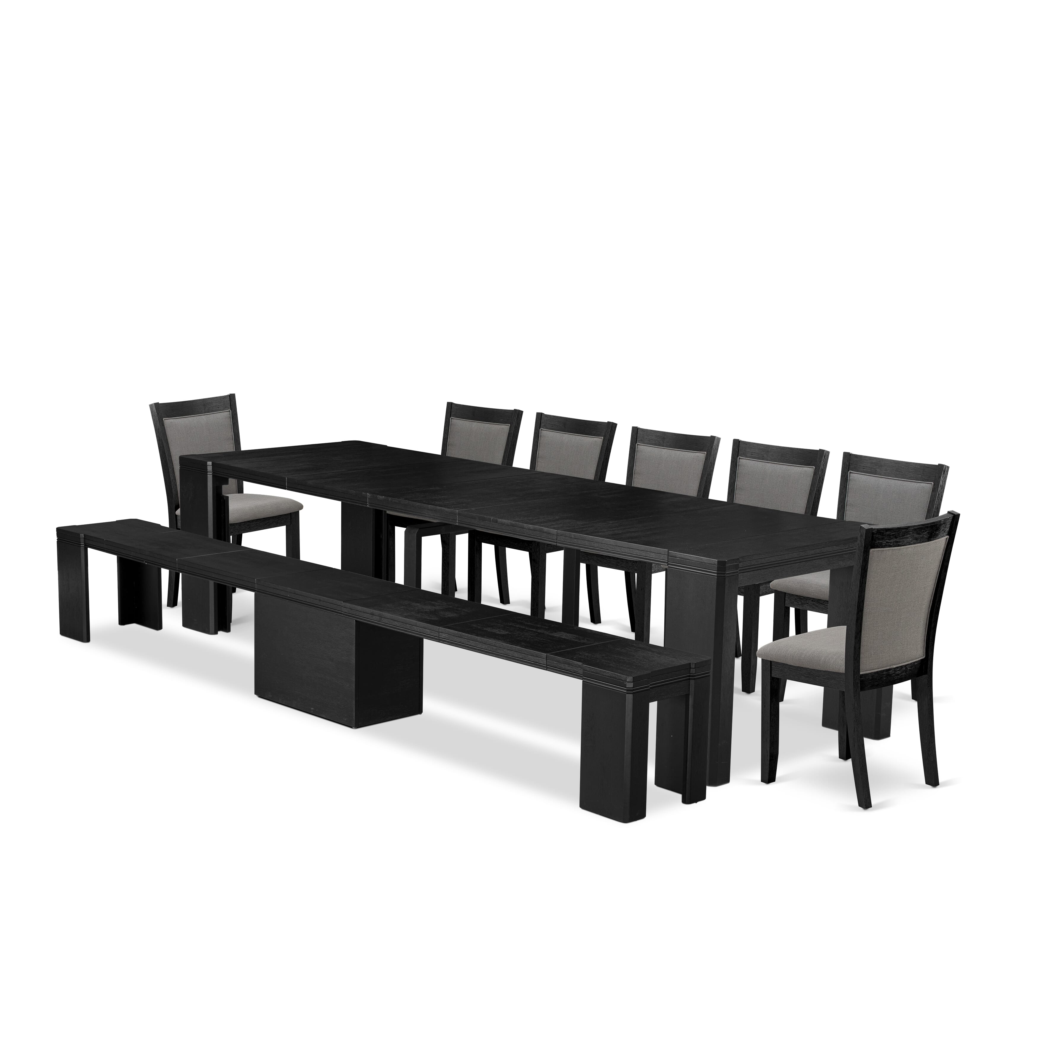 X07MZ-B06-50 9-piece Dining Table Set a Rectangular Xtenczar Dining Table and a wooden Bench and 7 Dark Gotham Grey Linen Fabric Kitchen Chair, Wire Brushed Black