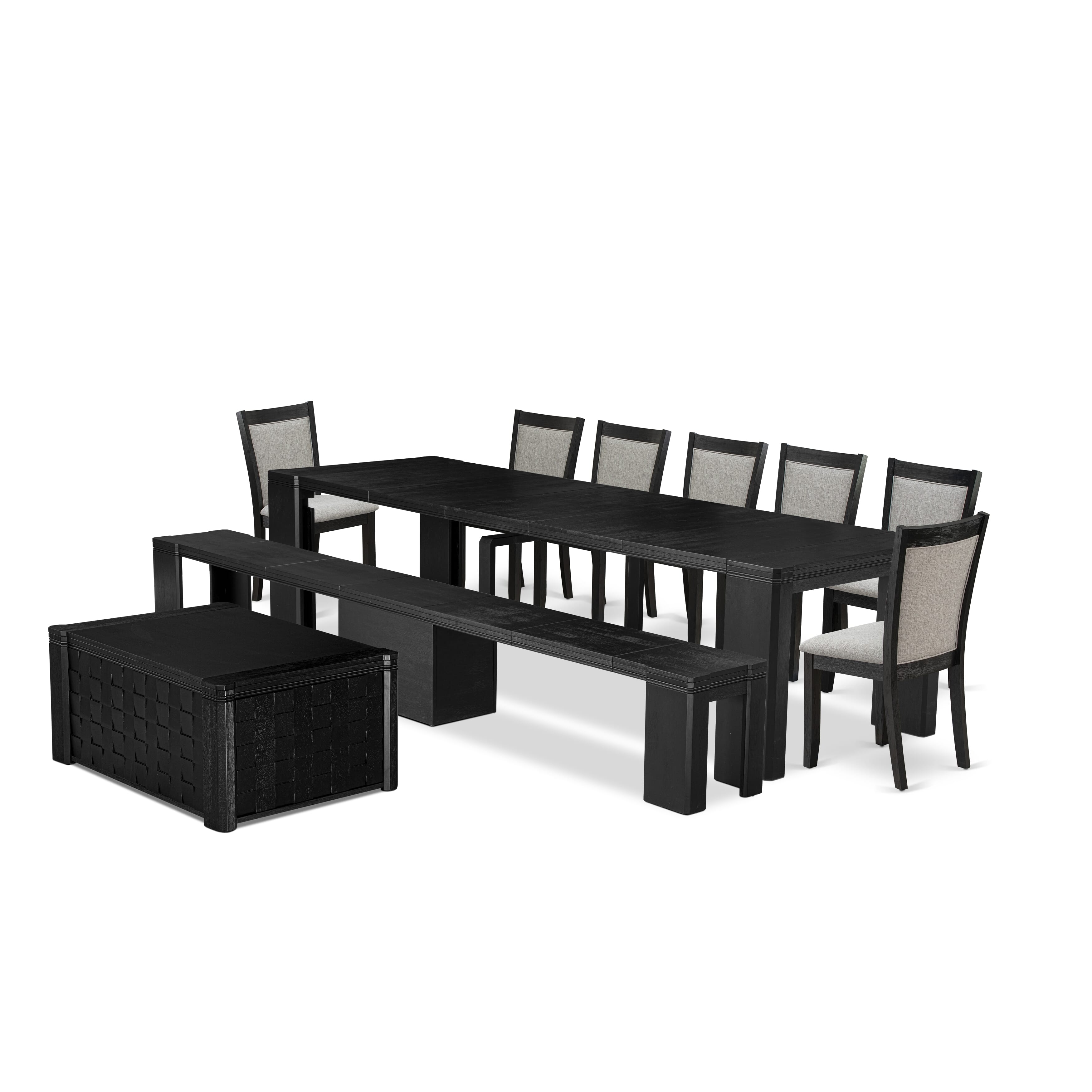 X07MZ-BC6-06 10-pc Dining Table Set a Rectangular Xtenczar Kitchen Table with coffee Table and wooden Benches and 7 Shitake Linen Fabric Dining Chair, Wire Brushed Black