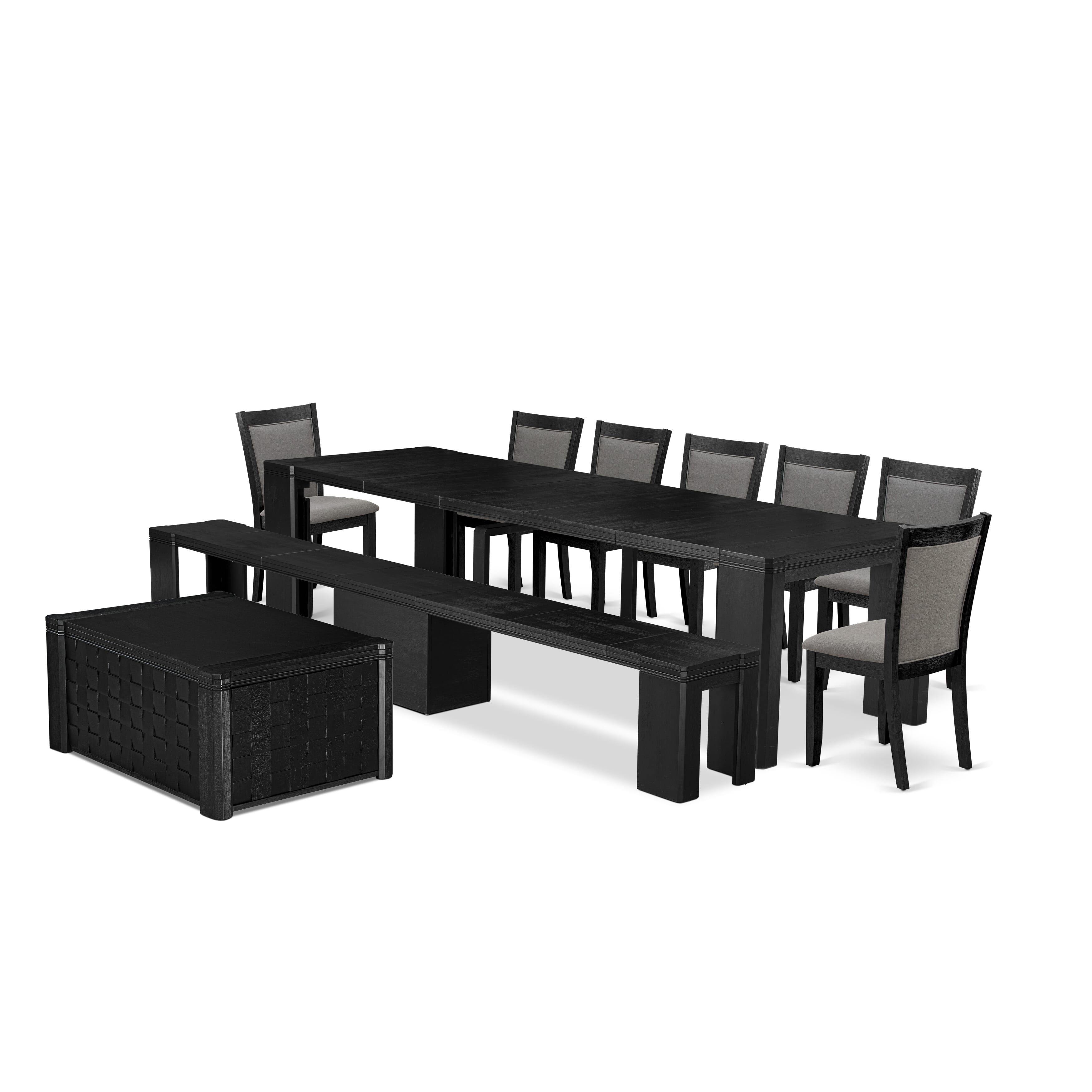 X07MZ-BC6-50 10-pc Xtenczar Dining Table Set a Rectangular Kitchen Table with a coffee Table and a wooden Bench and 7 Dark Gotham Grey Fabric Dining Chair, Wire Brushed Black