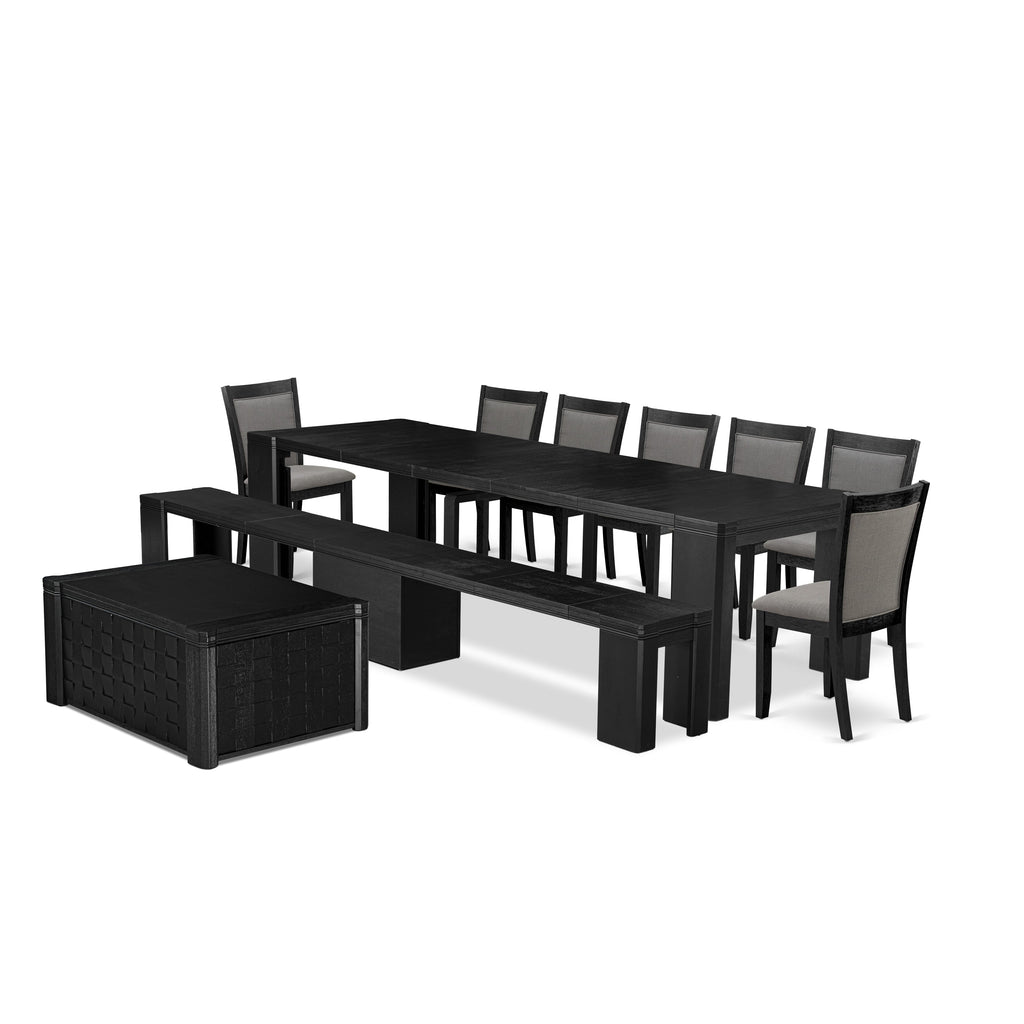 Luxe East West Furniture X07MZ-BC6-50 10-piece Dining Room Table Set a Rectangular Kitchen Table with a coffee Table and a wooden Bench and 7 Dark Gotham Grey Linen Fabric Dining Chair