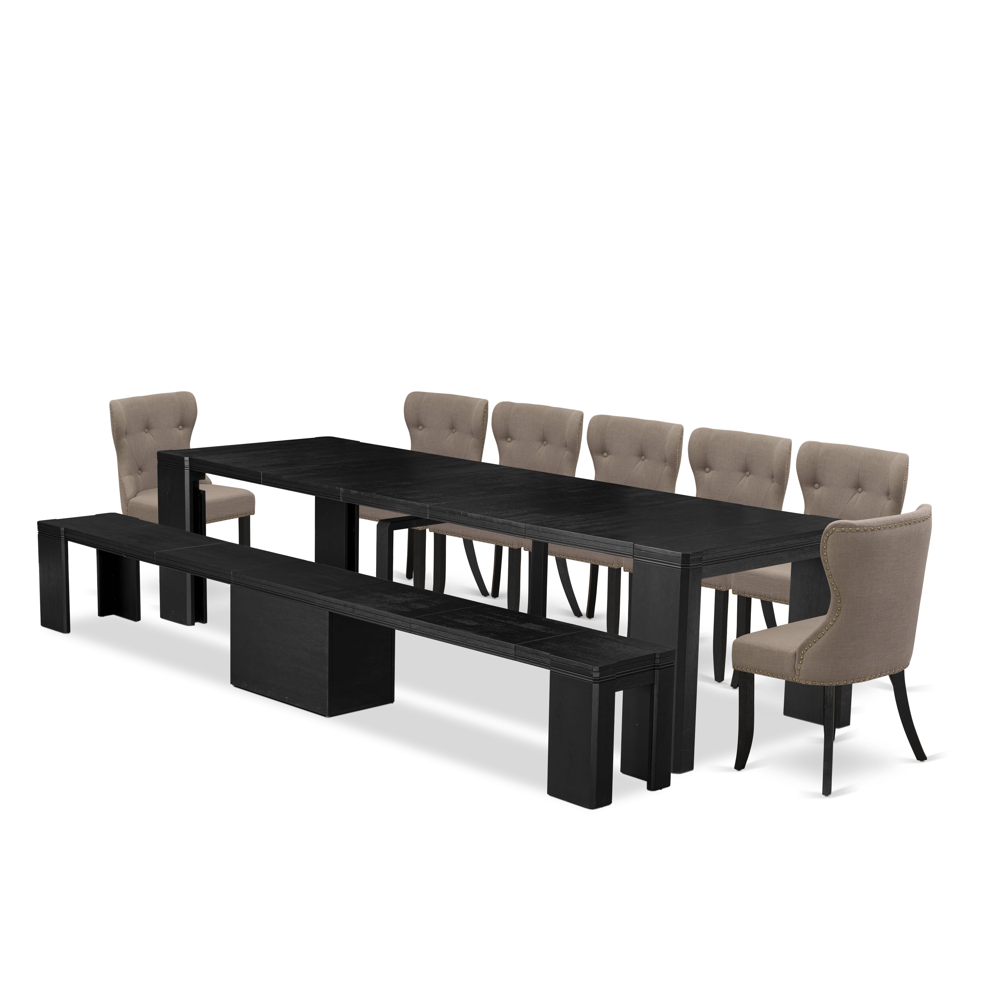 X07SI-B06-48 9-piece Xtenczar Dining Table Set a Rectangular Kitchen Table and a wooden Bench and 7 coffee Linen Fabric Dining Chair, Wire Brushed Black