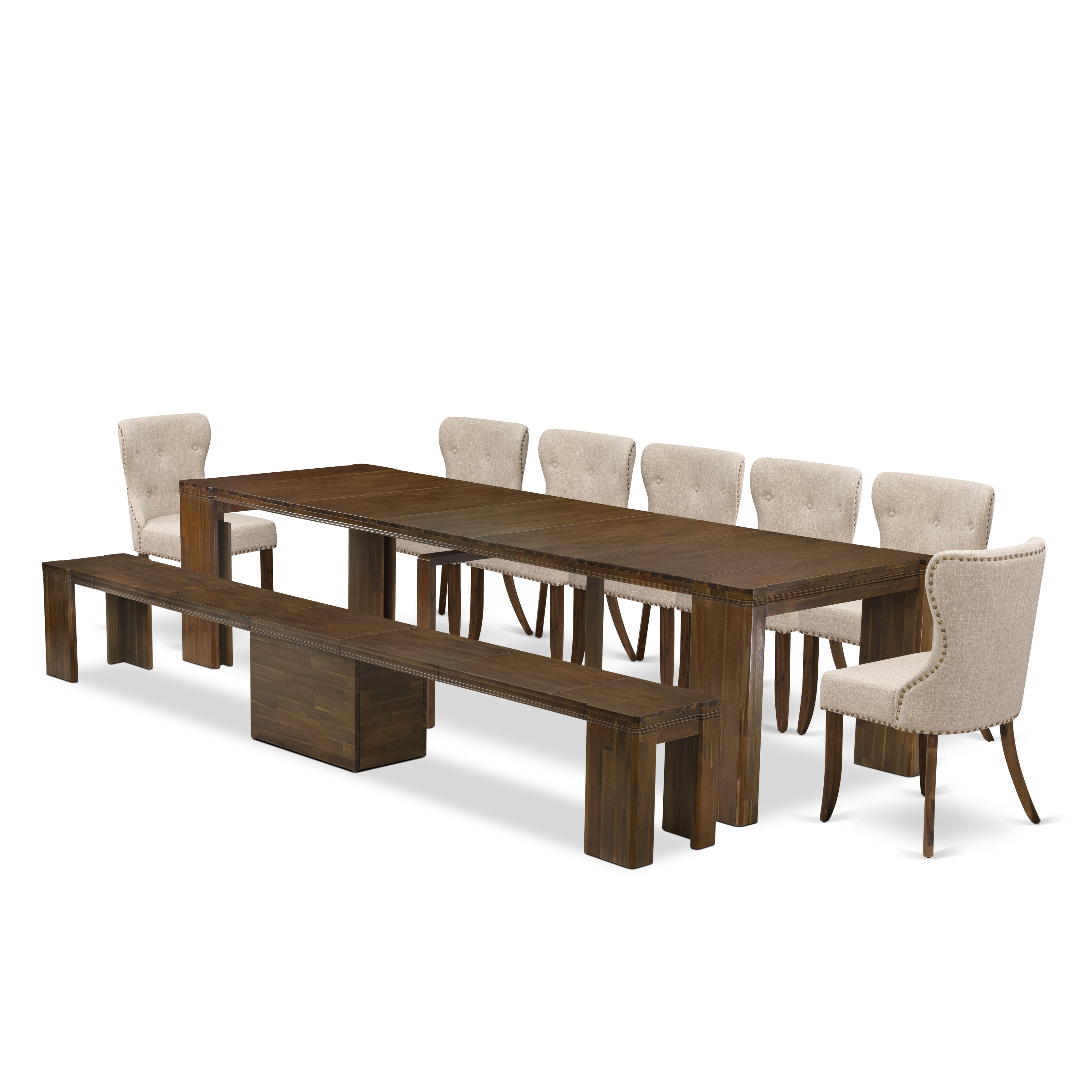 X07SI-B08-04 -9 Pieces Extendable Dining Set Includes a Rectangle Xtenczar Kitchen Table, 7 Light Tan Linen Fabric Dining Chairs and 1 Modern Bench, Antique Walnut