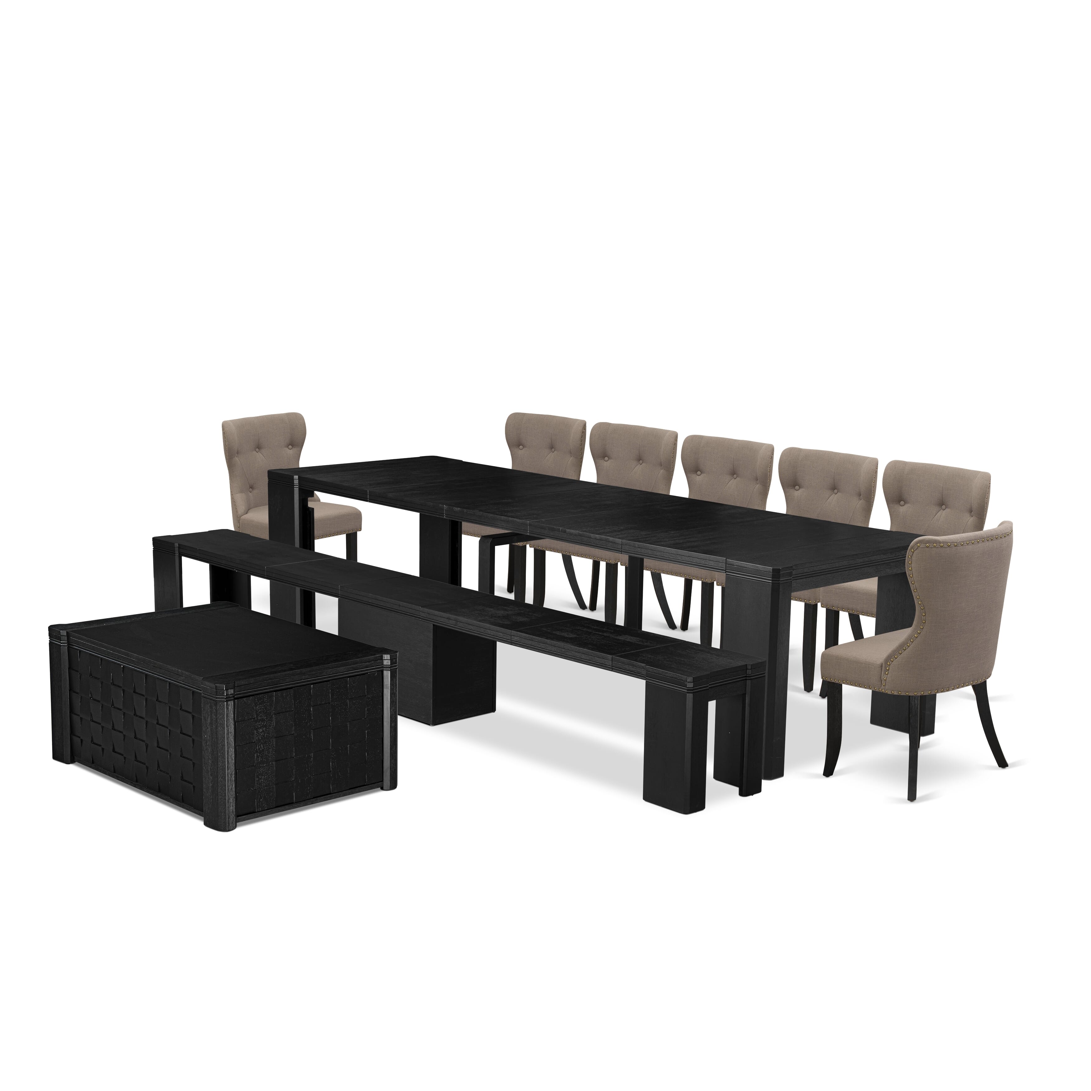 X07SI-BC6-48 10-piece Xtenczar Dining Table Set a Rectangular Kitchen Table with a coffee Table and wooden Bench and 7 coffee Linen Fabric Dining Chair, Wire Brushed Black