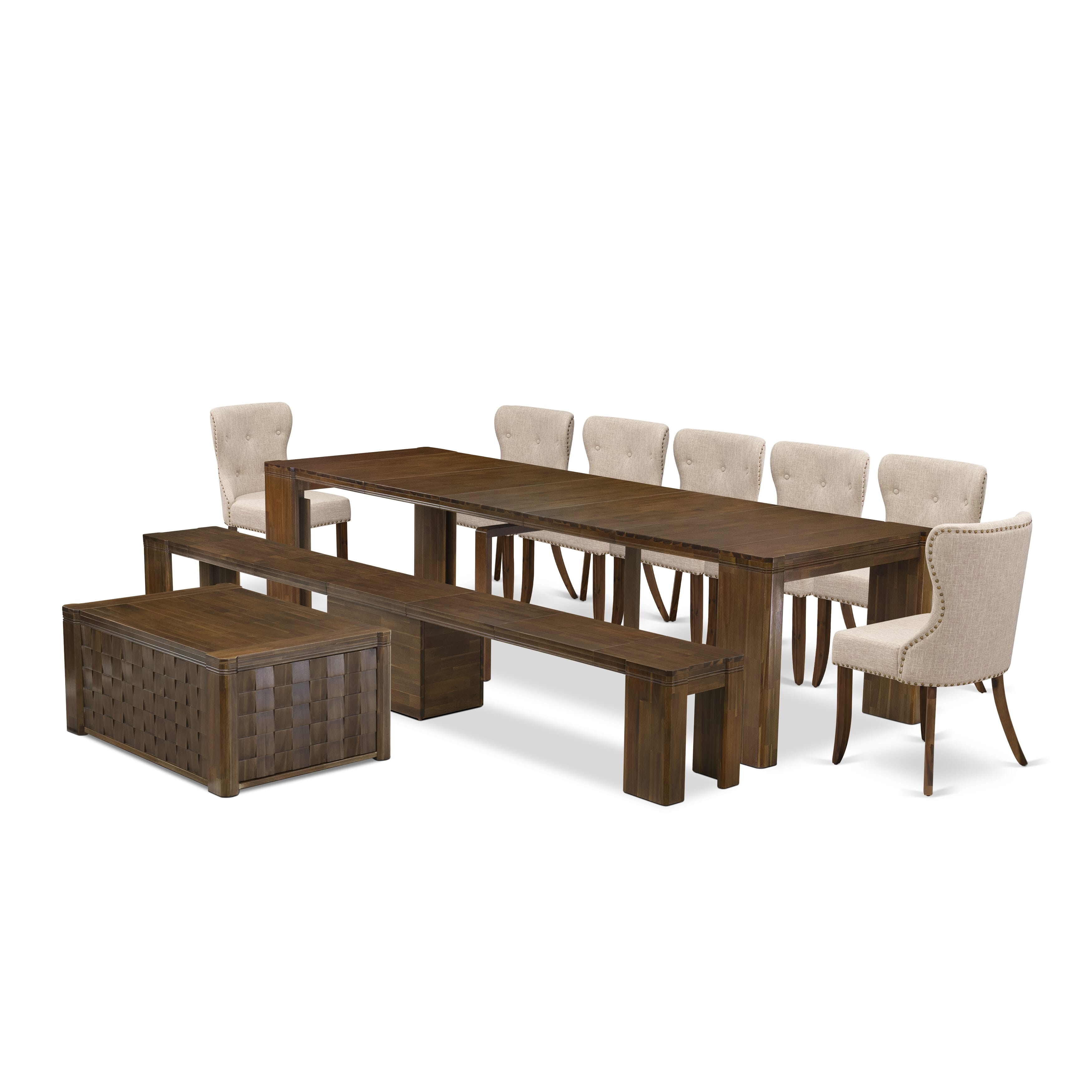 X07SI-BC8-04 -10 Pc Extendable Dining Set Includes a Rectangle Xtenczar Table, 1 Coffee Table, 7 Light Tan Linen Fabric Dining Chairs and 1 Modern Bench, Antique Walnut