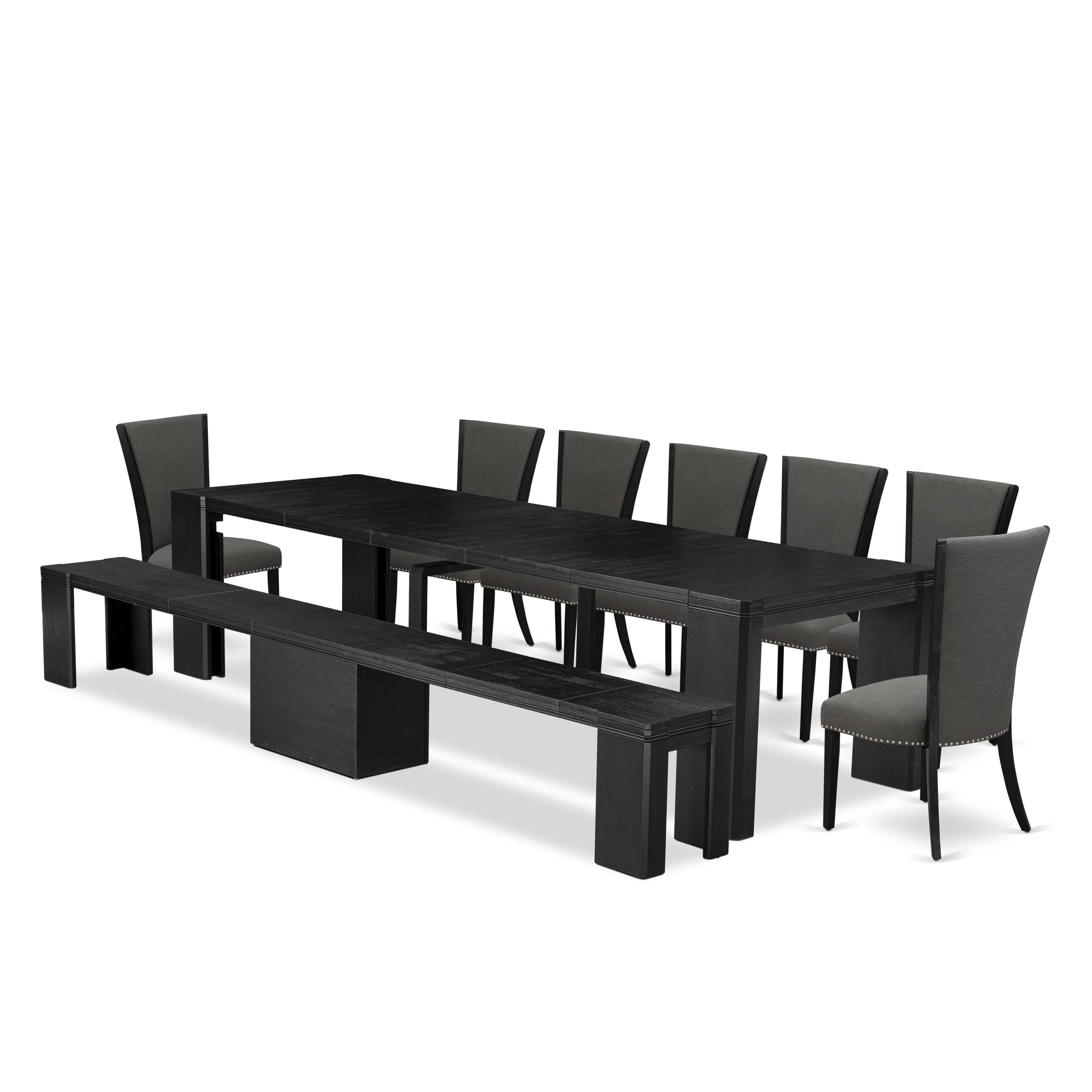 X07VE-B06-50 9-piece Xtenczar Dining Table Set a Rectangular Xtenczar Dining Table and wooden Benches and 7 Dark Gotham Grey Linen Fabric Dining Chair, Wire Brushed Black