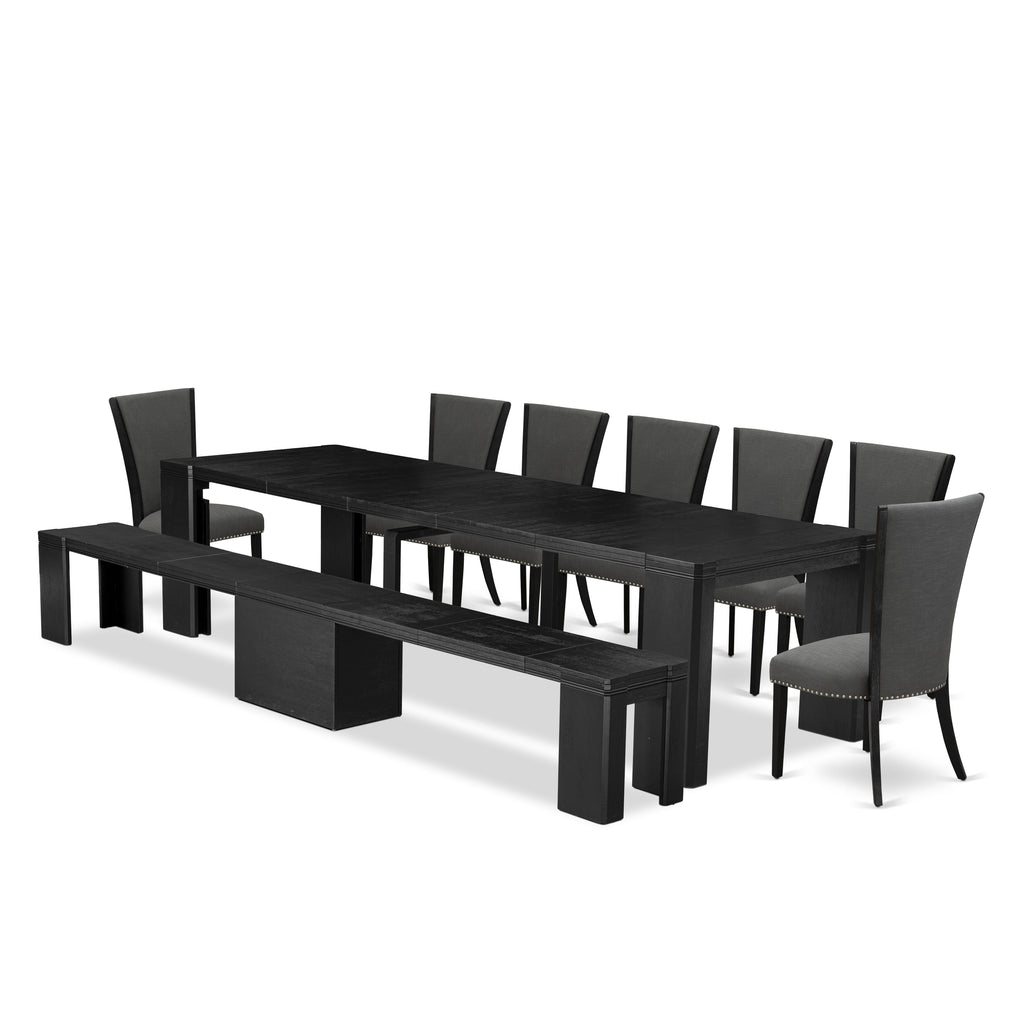 Luxe East West Furniture X07VE-B06-50 9-piece Dining Room Table Set a Rectangular Dining Table and wooden Benches and 7 Dark Gotham Grey Linen Fabric Dining Chair