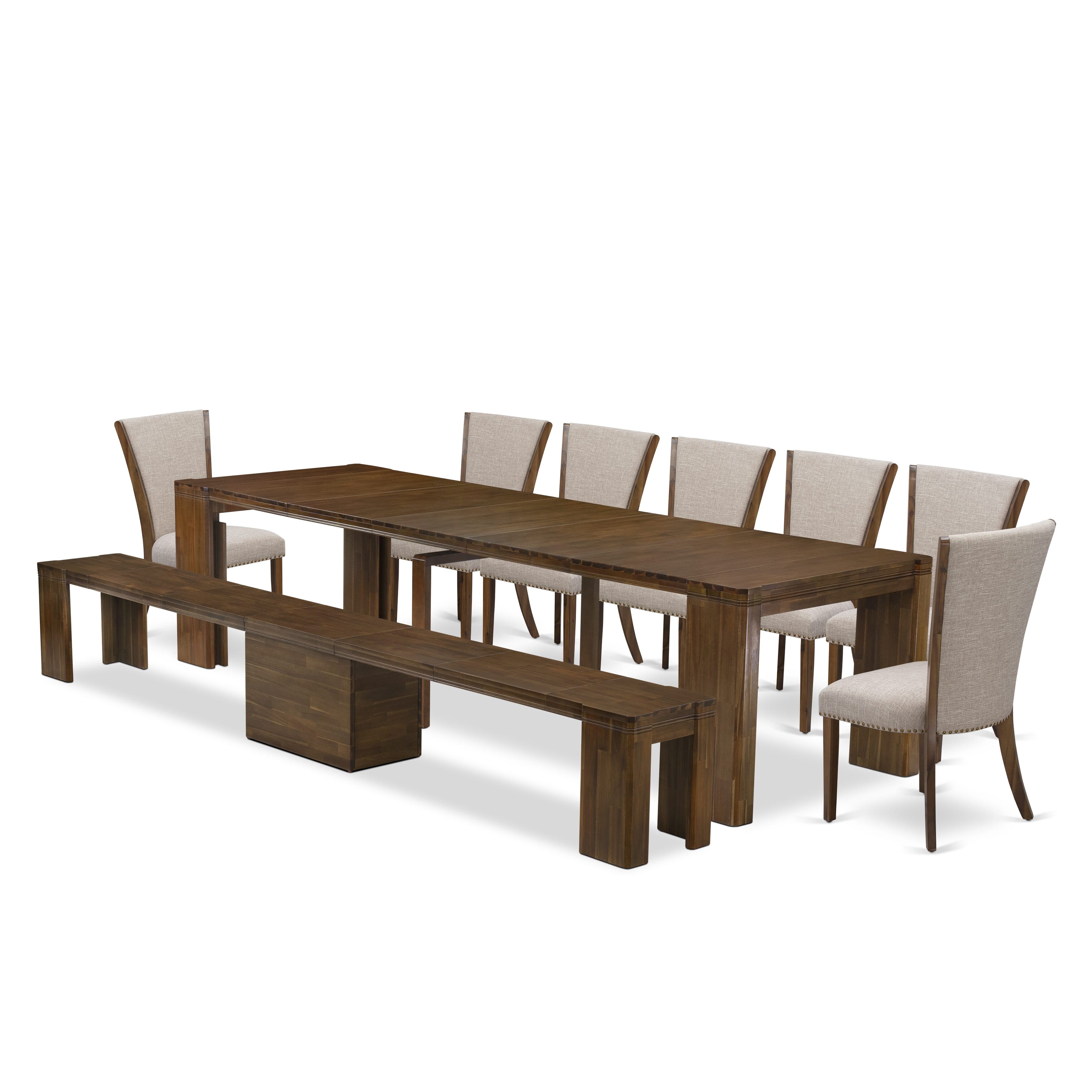 X07VE-B08-04-9 Pieces Extendable Dining Set Includes a Rectangle Xtenczar Dining Table, 7 Light Tan Fabric Dining Chairs, and 1 Modern Bench, Antique Walnut
