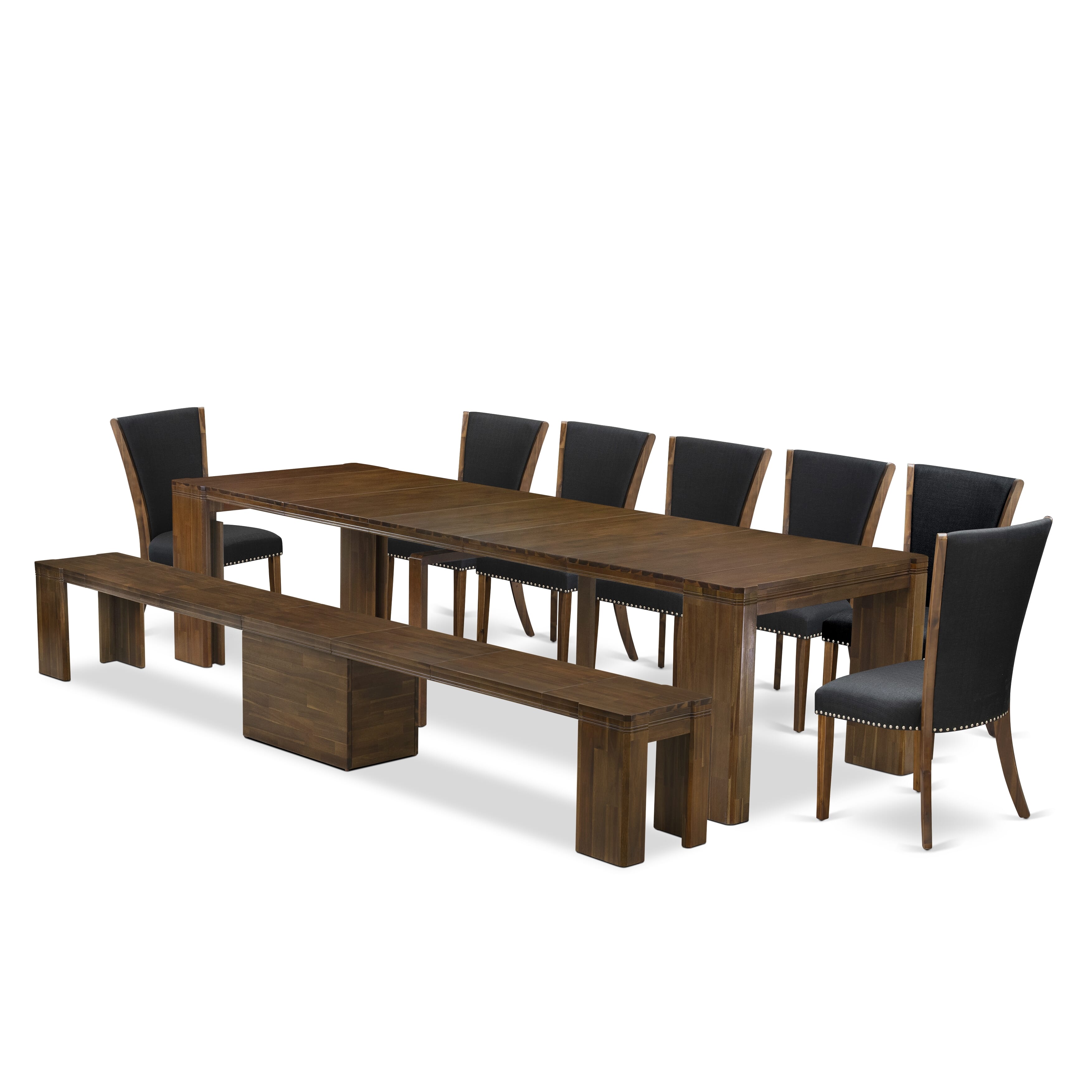 X07VE-B08-24-9 Pieces Extendable Dining Set Includes a Rectangle Xtenczar Dining Table, 7 Black Linen Fabric Dining Chairs and 1 Modern Bench, Antique Walnut