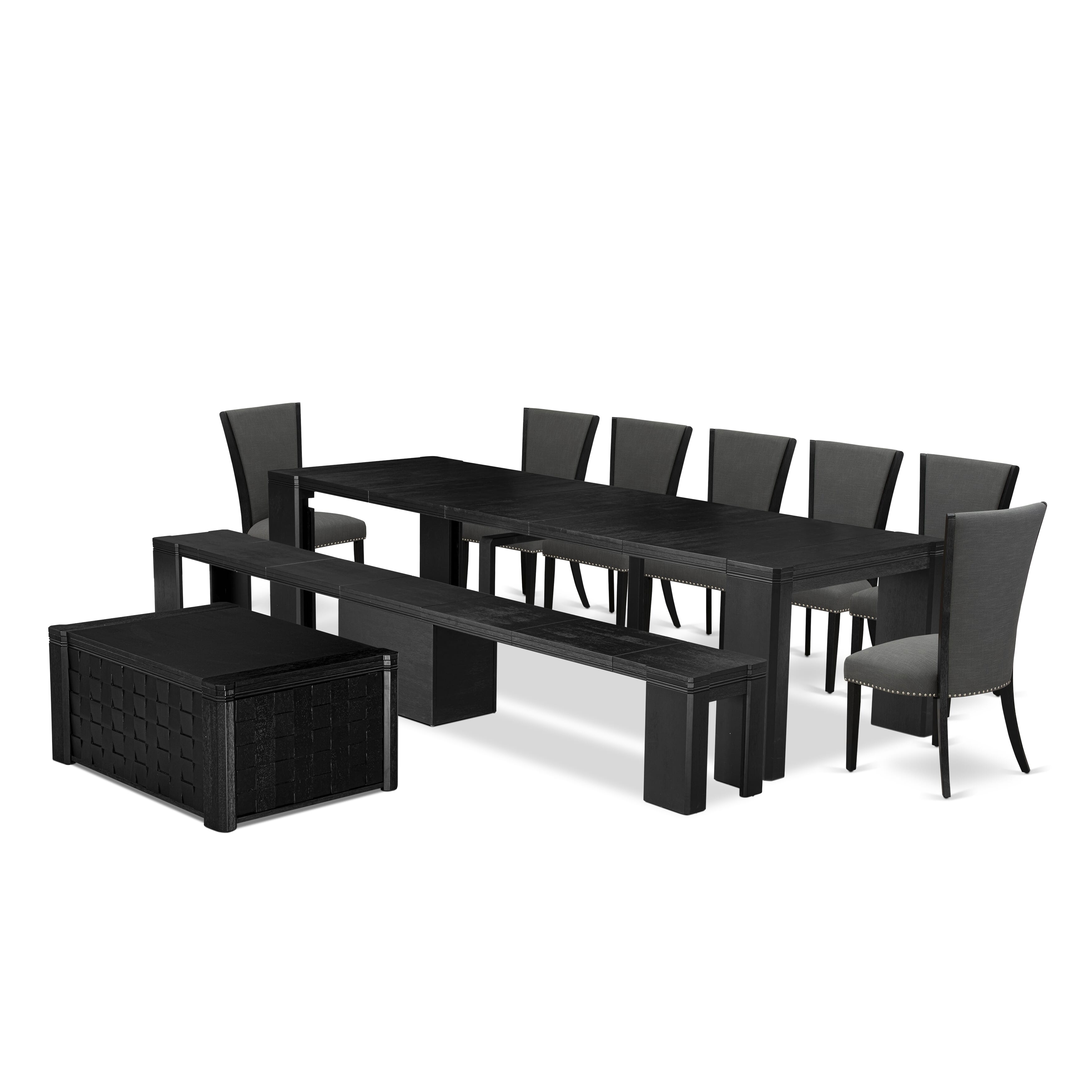 X07VE-BC6-50 10-pc Xtenczar Dining Table Set a Rectangular Kitchen Table with a coffee Table and wooden Bench and 7 Dark Gotham Grey Fabric Dinner Chair, Wire Brushed Black