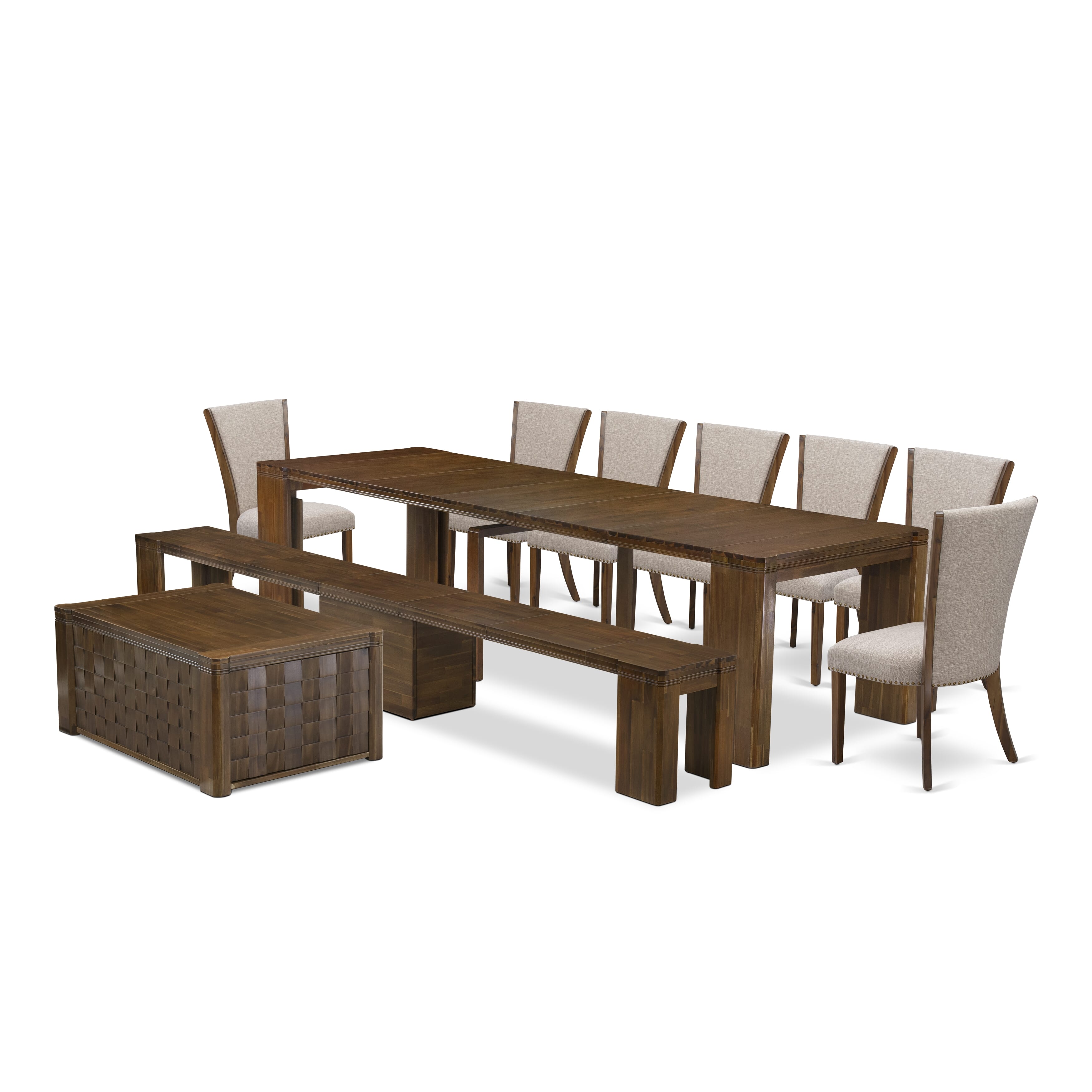 X07VE-BC8-04 -10 Pc Extendable Dining Set Includes a Rectangle Xtenczar Dining Table, 1 Coffee Table, 7 Light Tan Fabric Dining Chairs and 1 Modern Bench, Antique Walnut