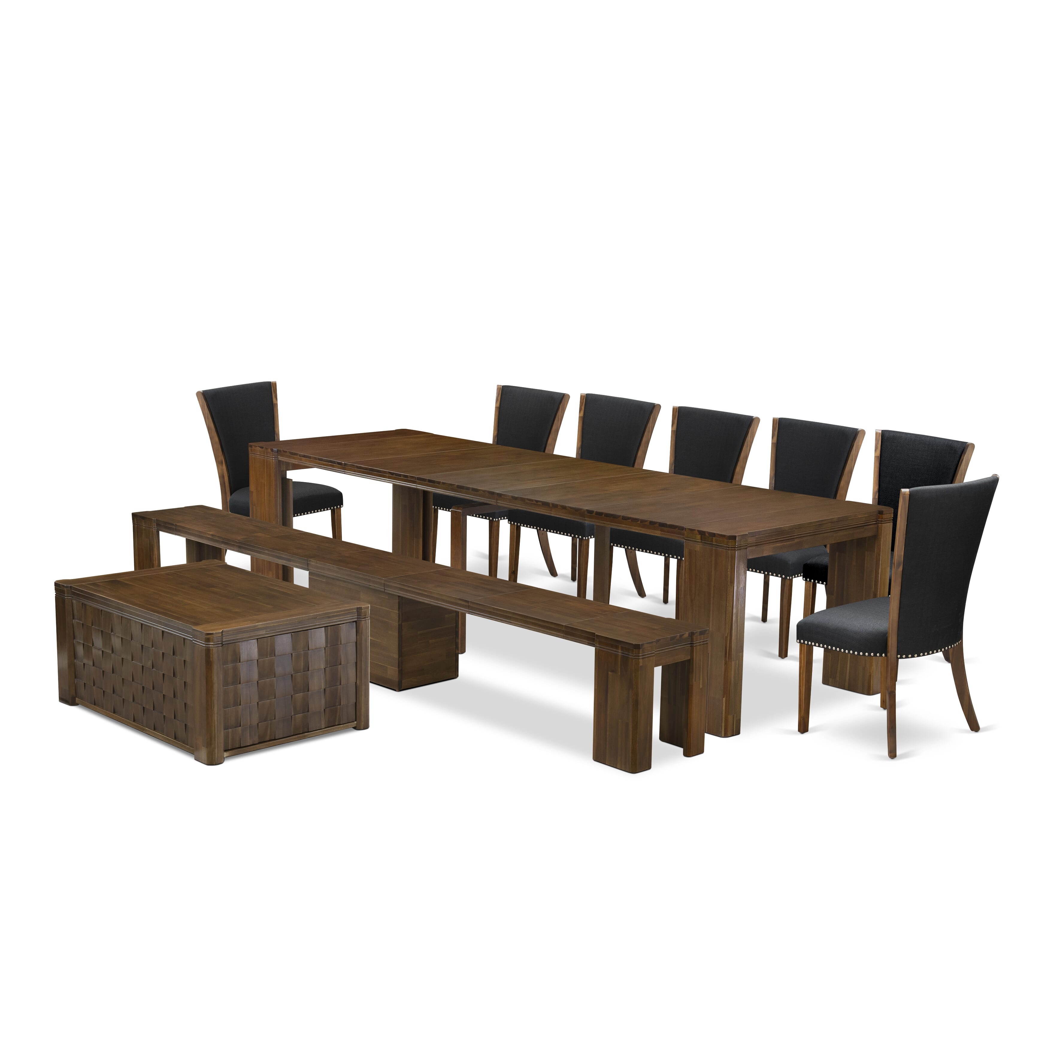 X07VE-BC8-24 -10 Pc Extendable Dining Set Includes a Rectangle Xtenczar Dining Table, 1 Coffee Table, 7 Black Linen Fabric Chairs and 1 Modern Bench, Antique Walnut