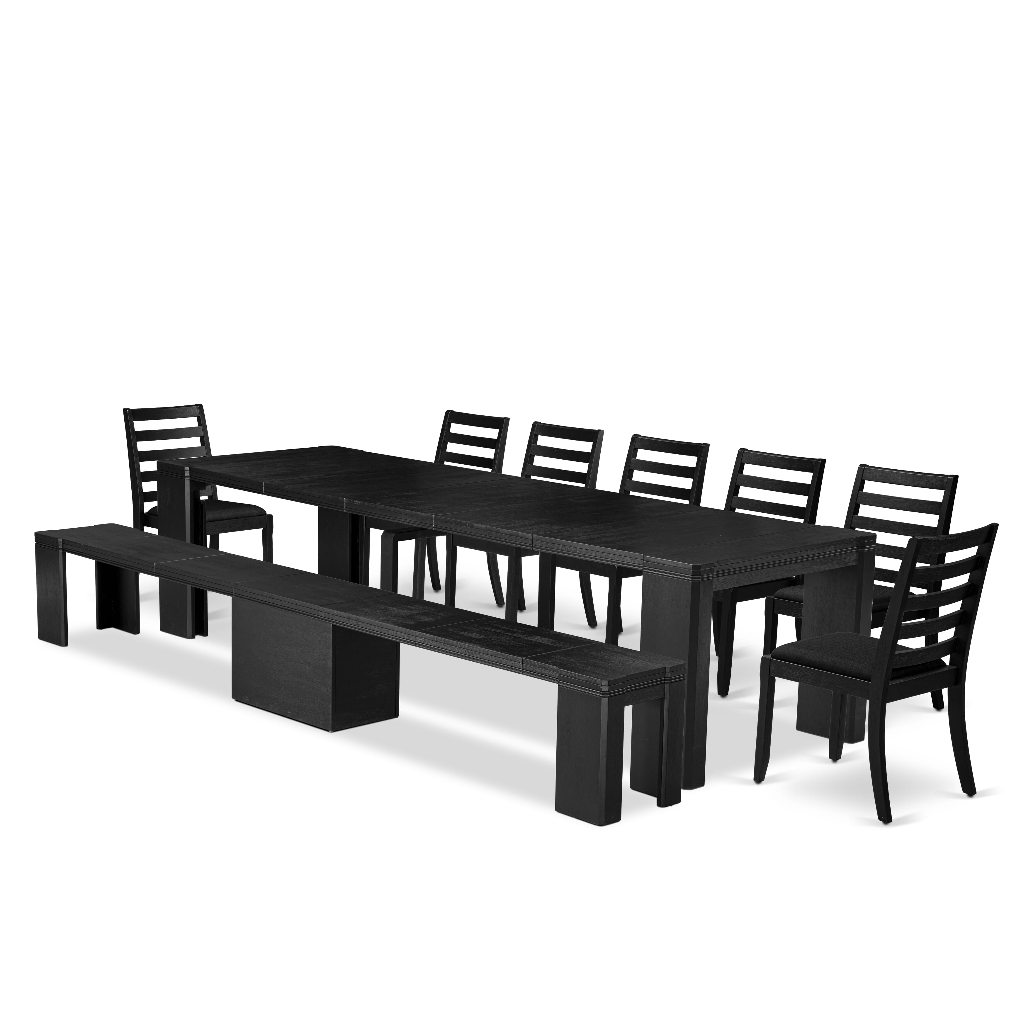 X07X1-B06-24 9-piece Modern Dining Table Set a Rectangular Xtenczar Dining Table and 2 wooden Benches and 7 Black Linen Fabric Stackable Chair, Wire Brushed Black
