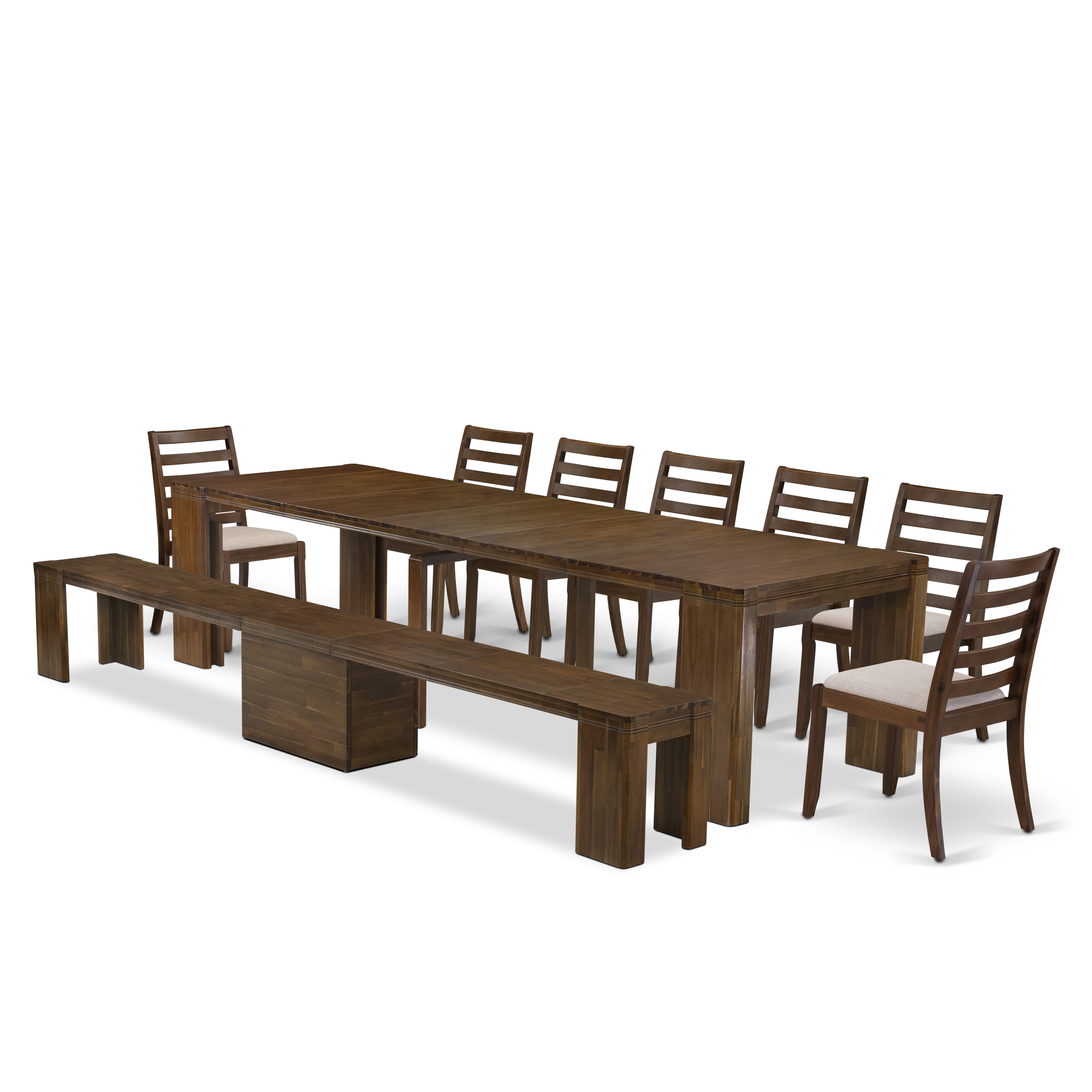 X07X1-B08-04- 9 Pieces Extendable Dining Set Includes a Rectangle Xtenczar Kitchen Table and 7 Light Tan Fabric Stackable Dining Chairs and 1 Modern Bench, Antique Walnut