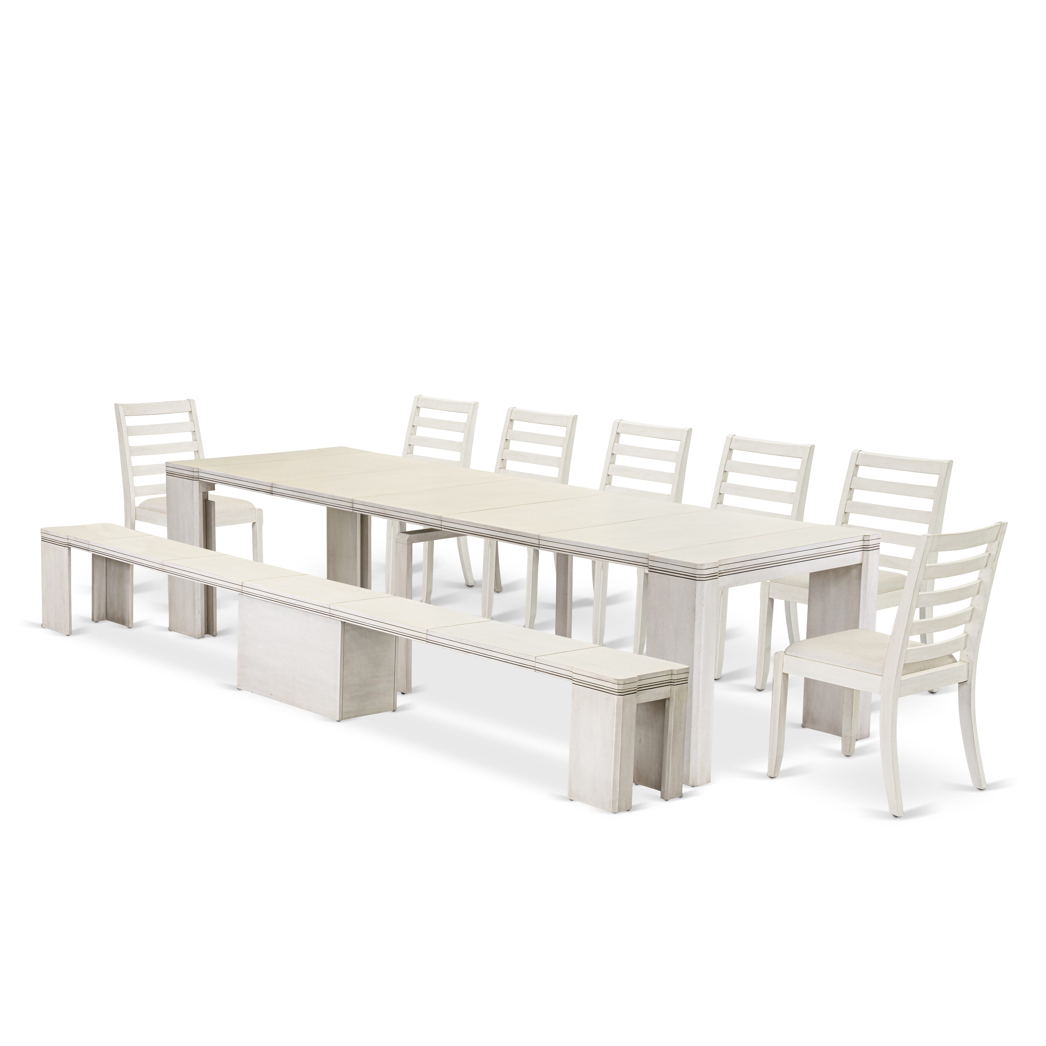 X07X1-B0W-01 9 Pc Extendable Dining Set Includes a Rectangle Xtenczar Dining Table and 7 Cream Fabric Stackable Dining Chairs and 1 Modern Bench, Antique White