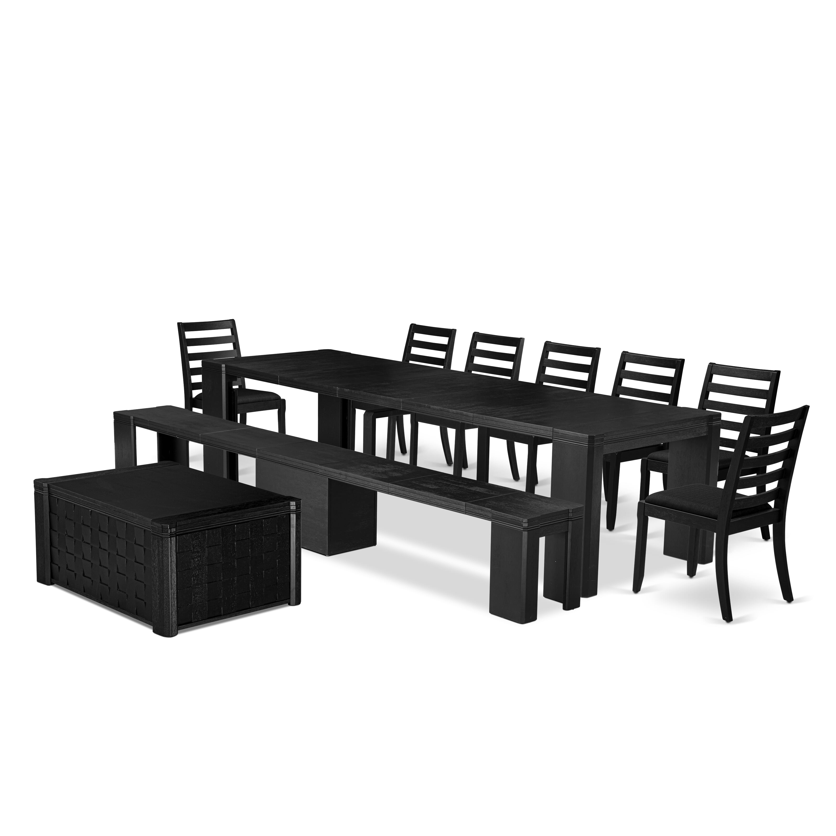 X07X1-BC6-24 10-pc Modern Dining Table Set a Rectangular Xtenczar Dining Table with a coffee Table and a wooden Bench and 7 Black Fabric Stackable Chair, Wire Brushed Black