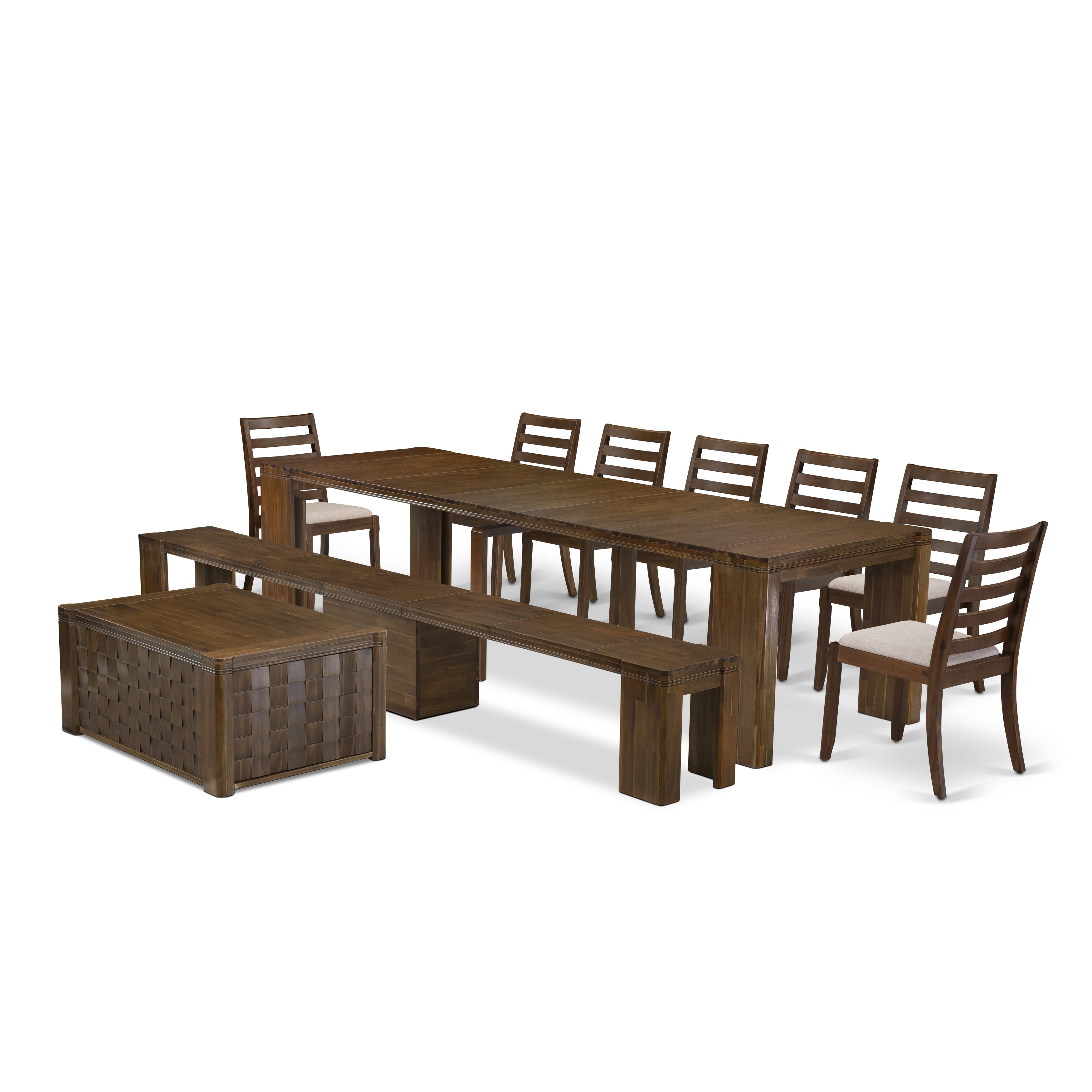 X07X1-BC8-04- 10 Pe Extendable Dining Set Includes 1 Rectangle Xtenczar Kitchen Table, 1 Coffee Table, 7 Light Tan Fabric Stackable Chairs and 1 Bench, Antique Walnut