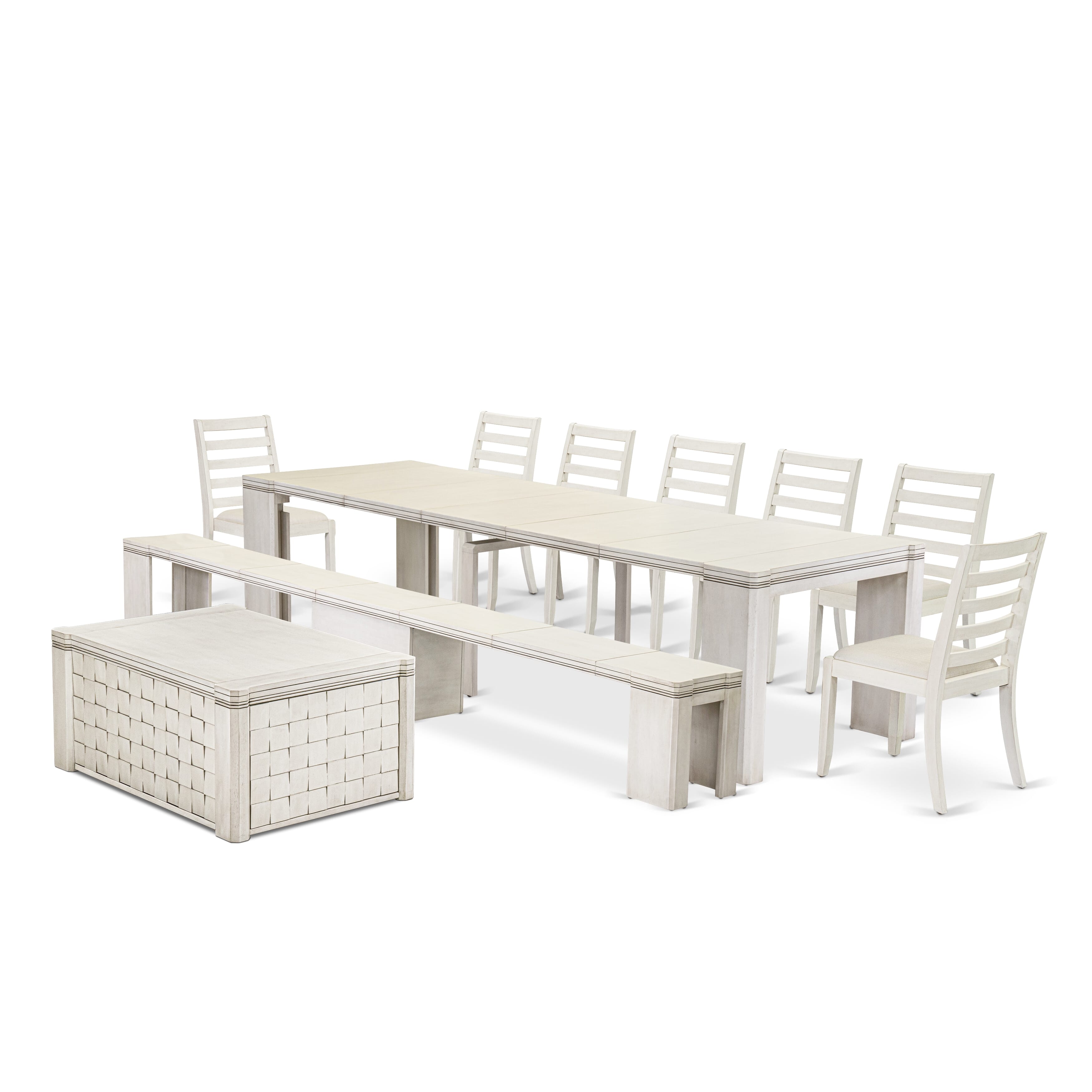 X07X1-BCW-01-10 Pieces Extendable Dining Set Includes a Rectangle Xtenczar Dining Table, 1 Coffee Table, 7 Cream Fabric Stackable Dining Chairs and 1 Bench, Antique White