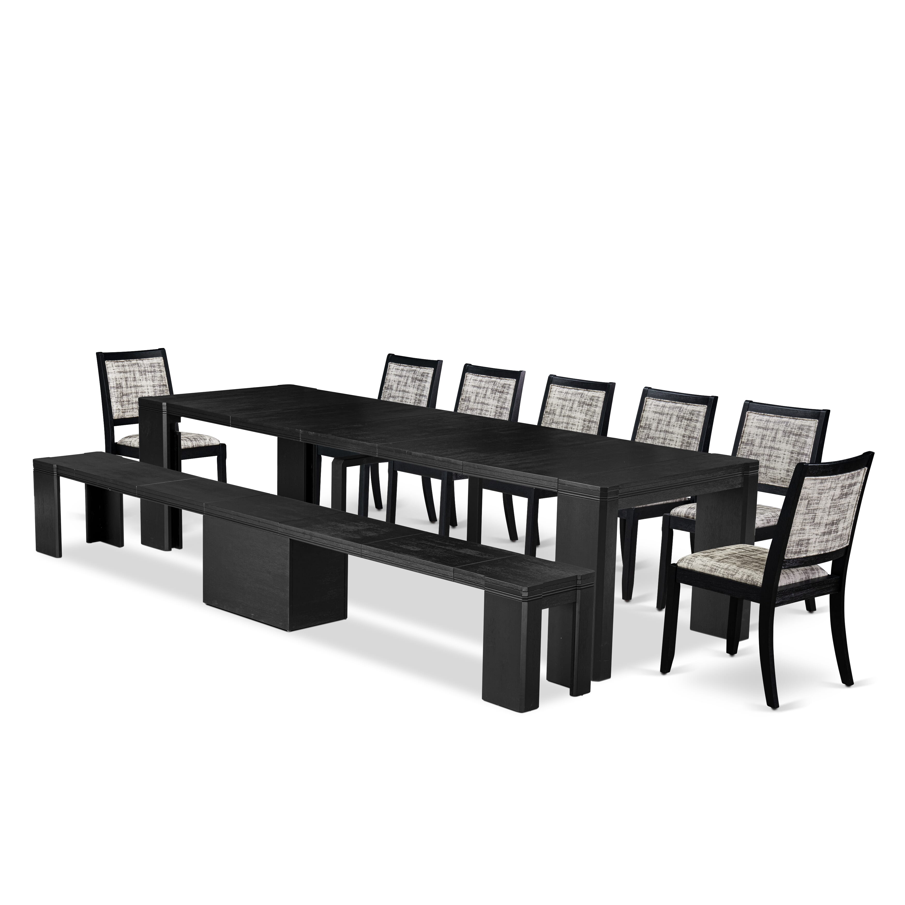 X07X2-B06-30 9-piece Dining Set a Rectangular Xtenczar Dining Table and a wooden Bench and 7 White & Grey Pattern Faux Leather Stackable Chair, Wire Brushed Black