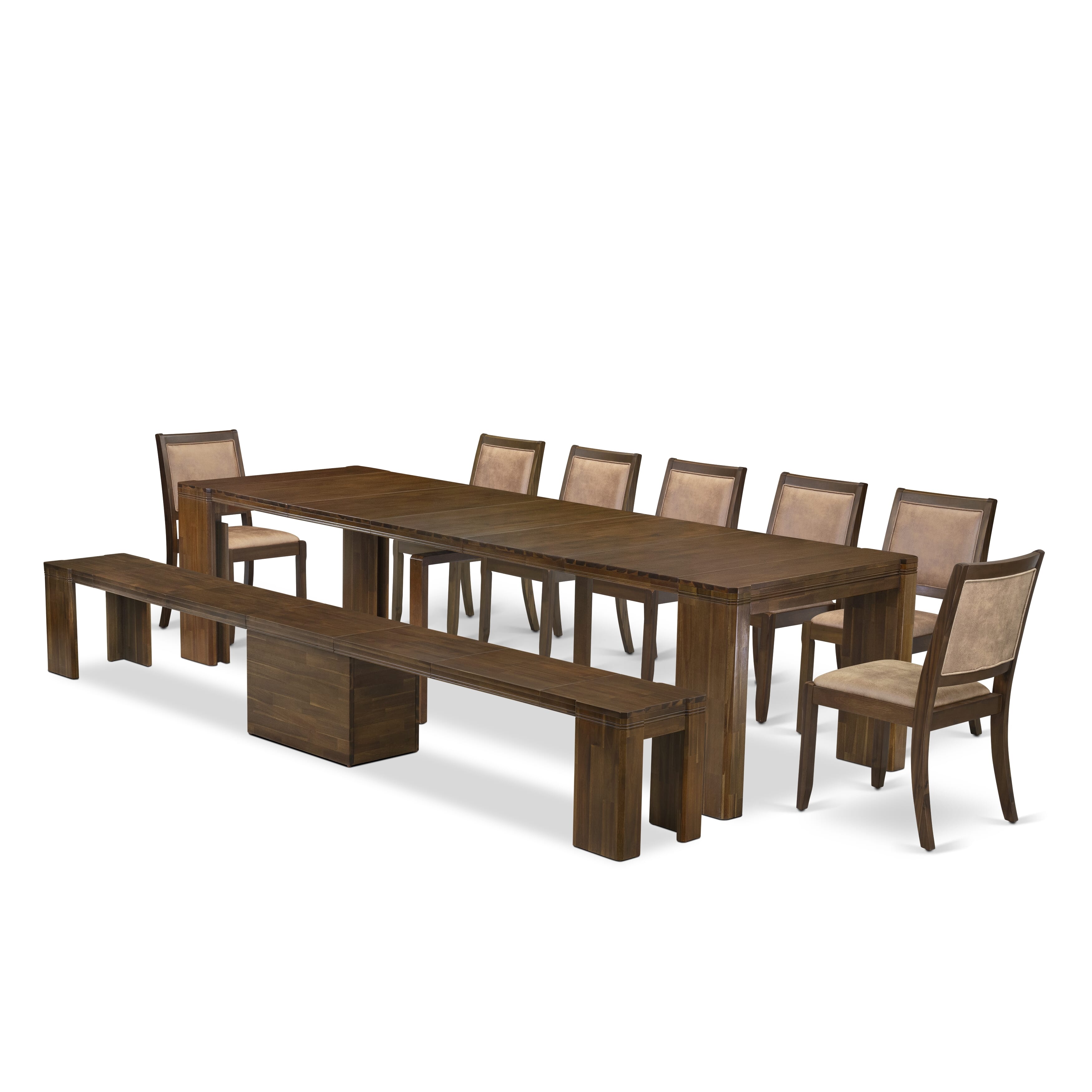 X07X2-B08-28 -9 Pc Extendable Dining Set Includes a Rectangle Xtenczar Kitchen Table, 7 Brown Textured Leather Stackable Dining Chairs and 1 Modern Bench, Antique Walnut