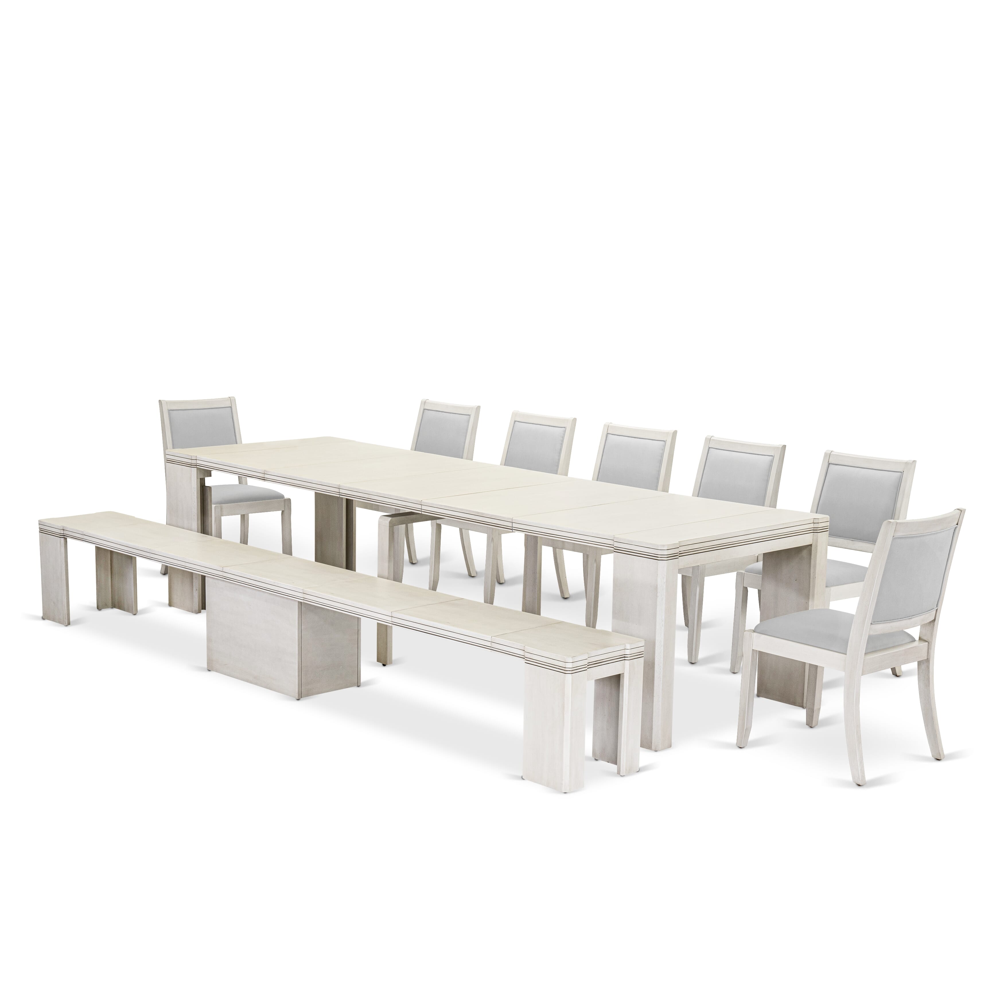 X07X2-B0W-27 -9 Pc Extendable Dining Set Includes a Rectangle Xtenczar Dining Table, 7 Light Gray Faux Leather Stackable Chairs and 1 Modern Bench, Antique White