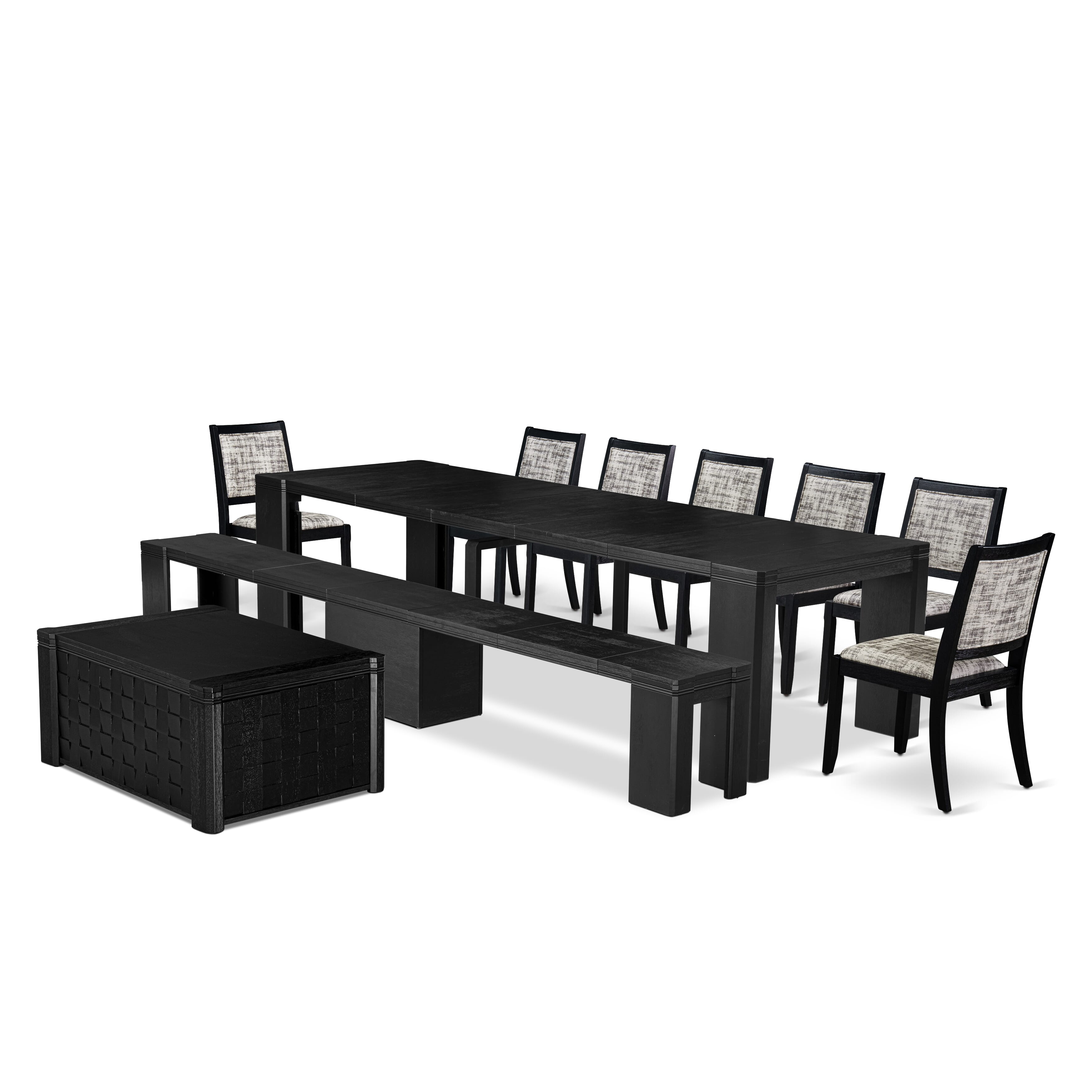 X07X2-BC6-30 10-pc Xtenczar Dining Set a Rectangular Table with a coffee Table and a wooden Bench and 7 White & Grey Pattern Leather Stackable Chair, Wire Brushed Black
