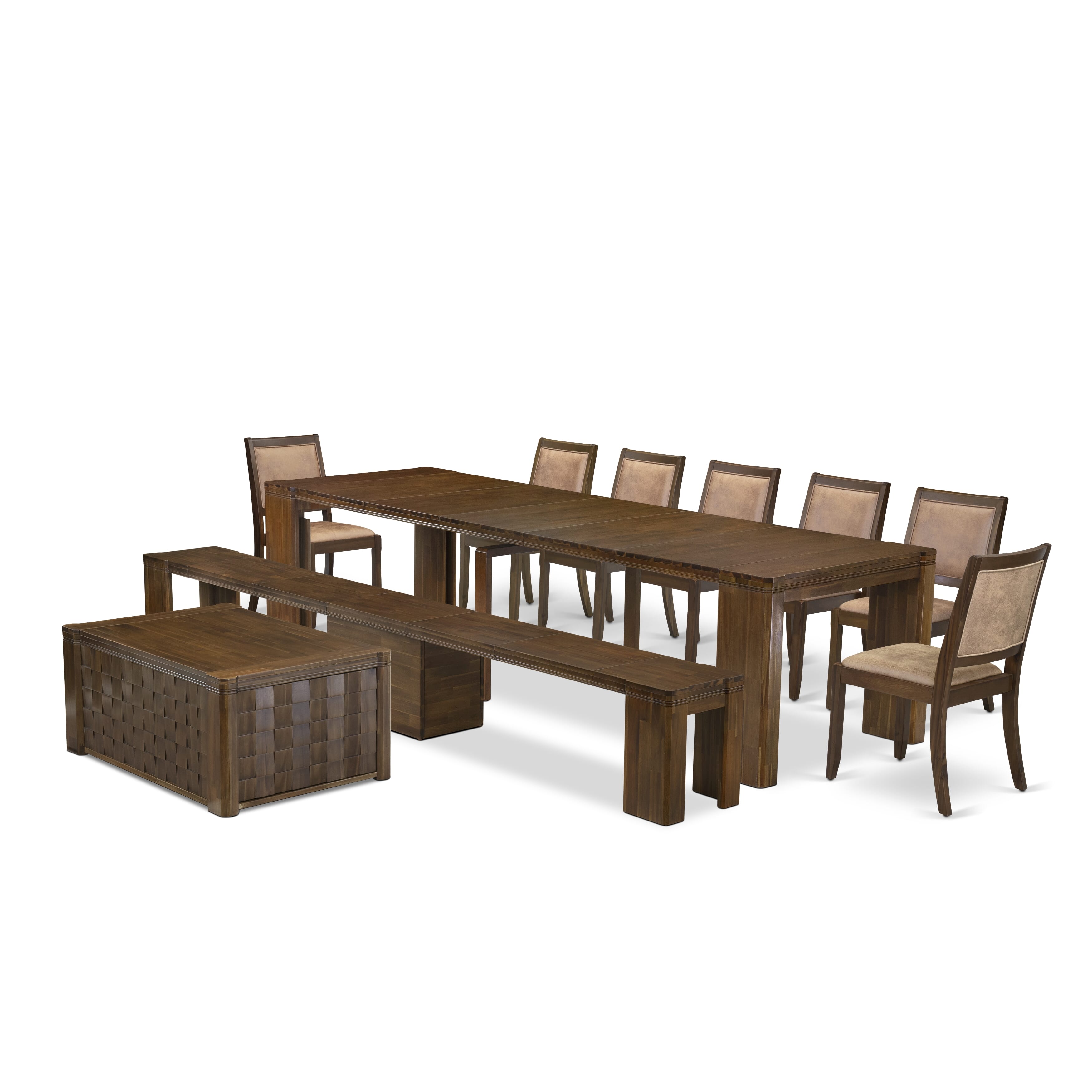 X07X2-BC8-28 -10 Pc Extendable Dining Set Includes a Rectangle Xtenczar Table, 1 Coffee Table, 7 Brown Textured Leather Stackable Chairs and 1 Modern Bench, Antique Walnut