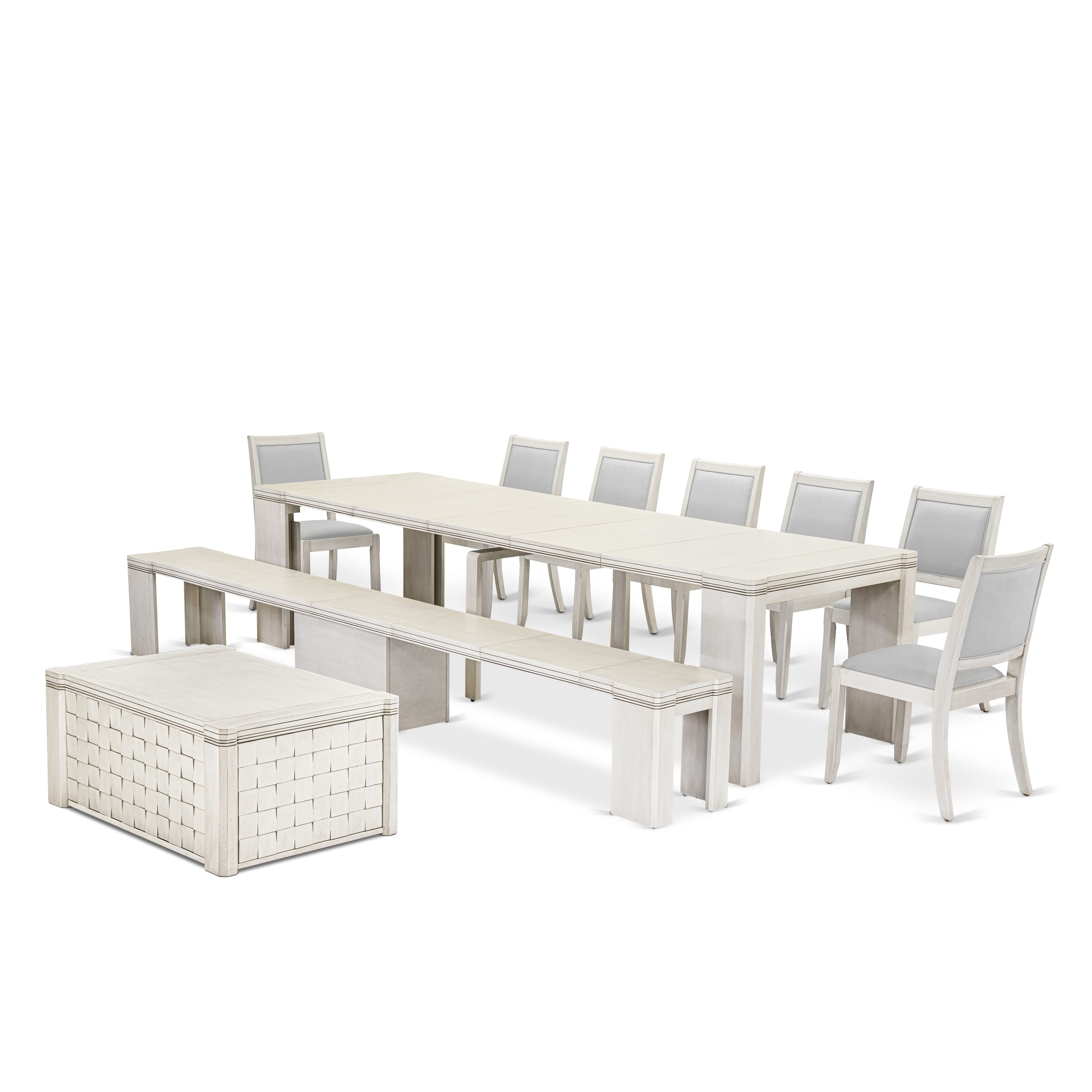 X07X2-BCW-27-10 Pc Extendable Dining Set Includes a Rectangle Xtenczar Dining Table, 1 Coffee Table, 7 Light Gray Leather Stackable Chairs and 1 Bench, Antique White