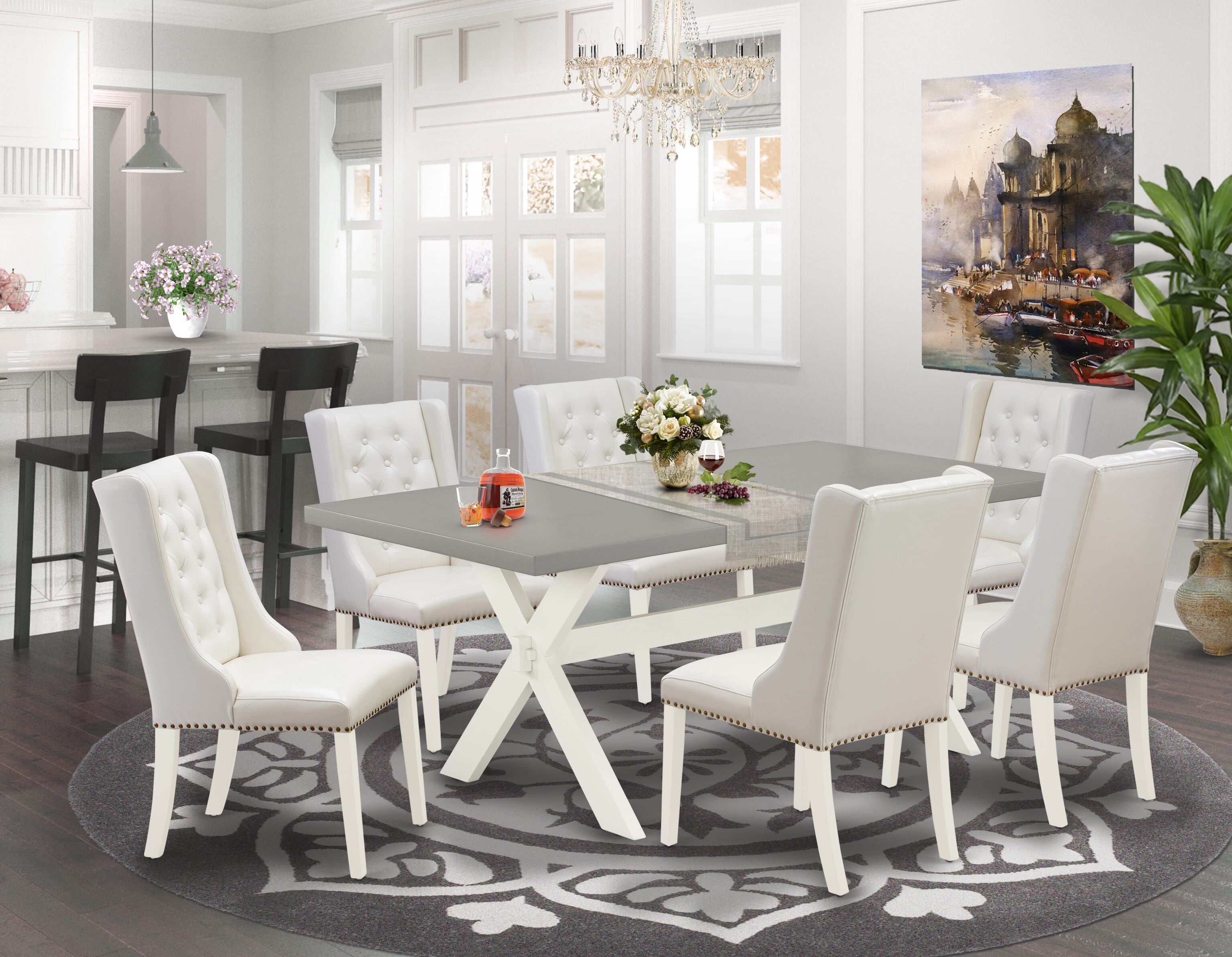 East West Furniture X097FO244-7 7-Piece Kitchen Table Set Consists of 6 Linen white Pu faux Leather Upholstered Dining Chairs with Nailheads and Modern Dining Table - linen white Finish