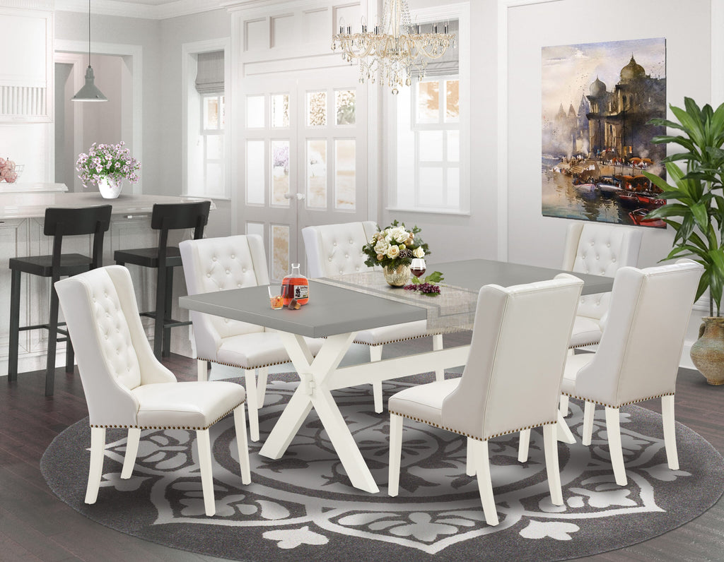 East West Furniture X097FO244-7 7 Piece Kitchen Table Set Consist of a Rectangle Dining Table with X-Legs and 6 Light grey Faux Leather Parson Dining Chairs