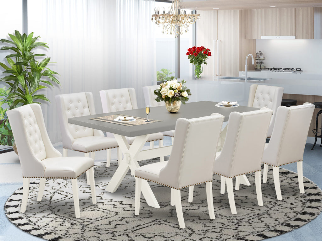 East West Furniture X097FO244-9 9-Piece Dining Room Set Consists of 8 Linen white Pu faux Leather Dining Chairs Button Tufted with Nail heads and Modern Kitchen Table - linen white Finish