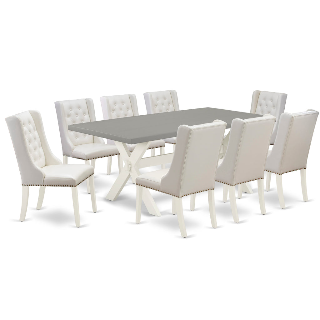 East West Furniture X097FO244-9 9-Piece Dining Room Set Consists of 8 Linen white Pu faux Leather Dining Chairs Button Tufted with Nail heads and Modern Kitchen Table - linen white Finish