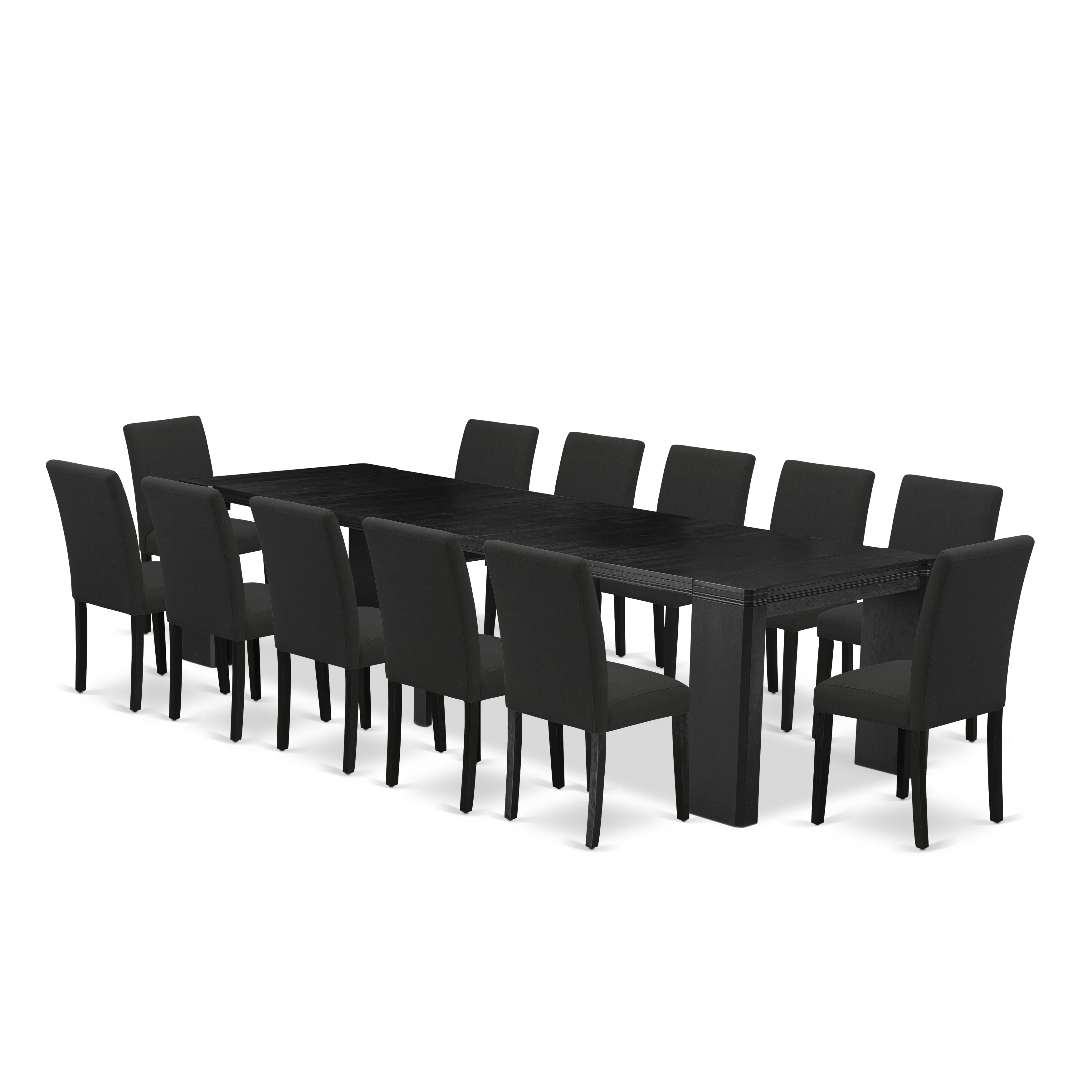 X12AB-006-2413-piece Xtenczar Modern Xtenczar Dining Table Set a Rectangular Kitchen Table and 12 Black Linen Fabric Dining Chair, Wire Brushed Black