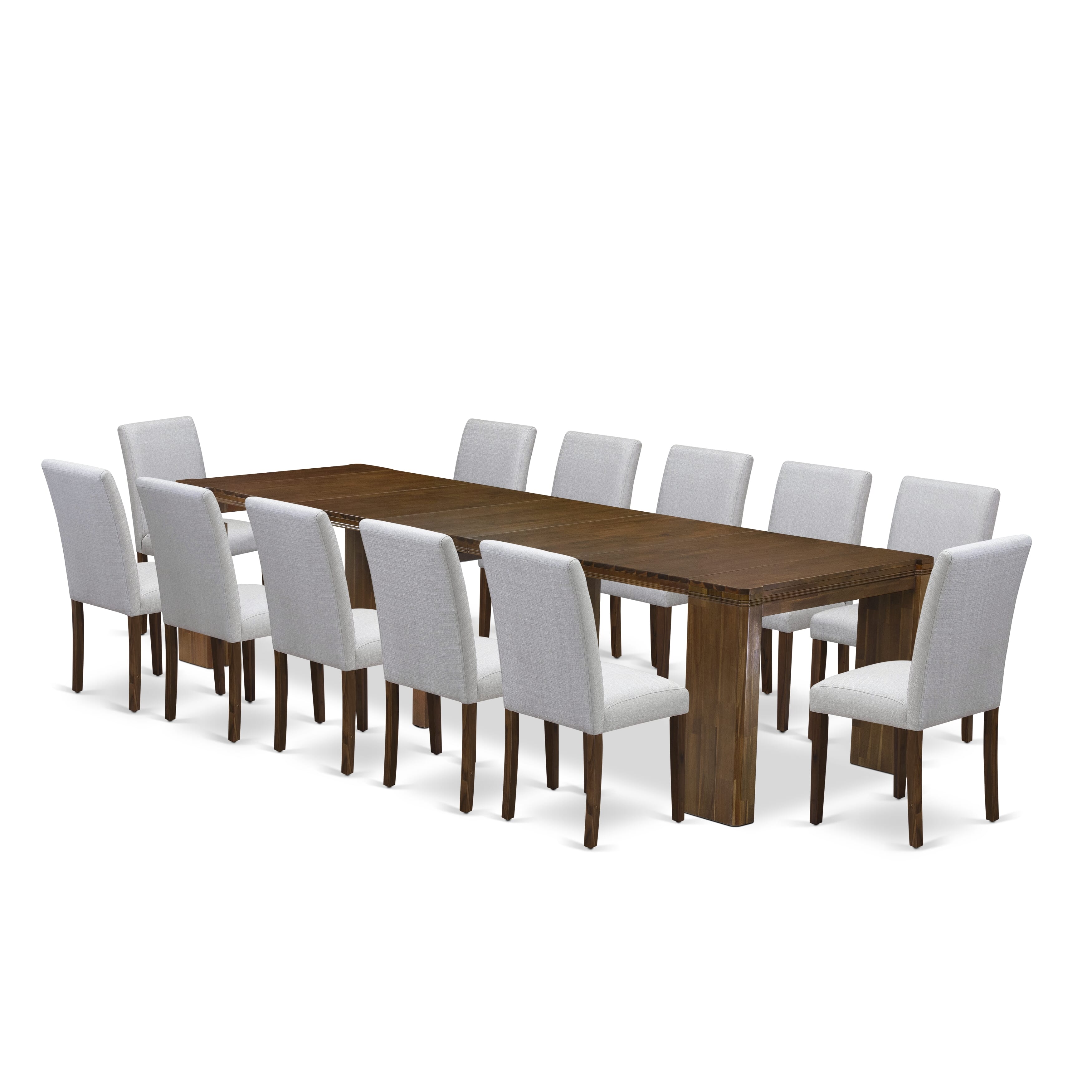 X12AB-008-05-13 Pieces Extendable Dining Set Includes a Rectangle Xtenczar Dining Table and 12 Gray Linen Fabric Dining Chairs, Antique Walnut