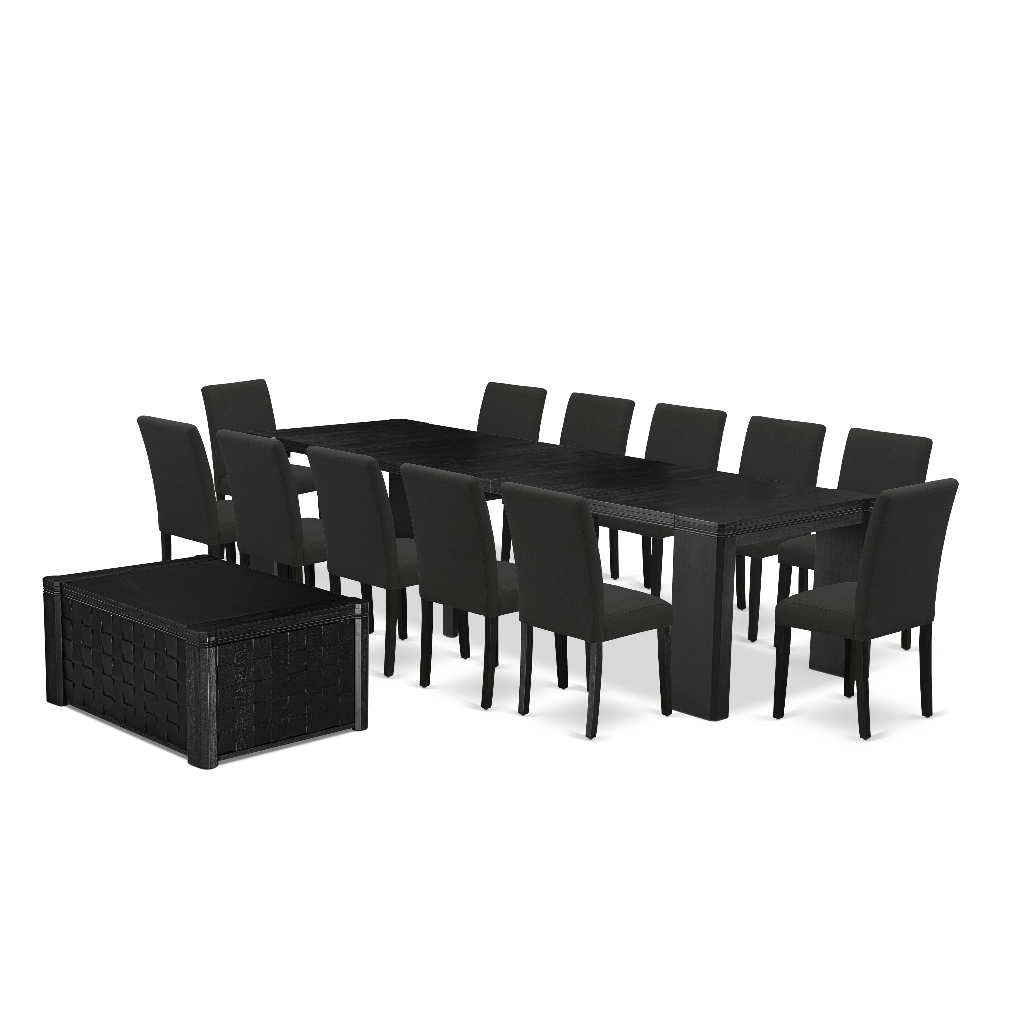 X12AB-0C6-24 14-piece Xtenczar Dining Table Set a Rectangular Kitchen Table with a dining coffee table and 12 Black Linen Fabric Dining Chair, Wire Brushed Black