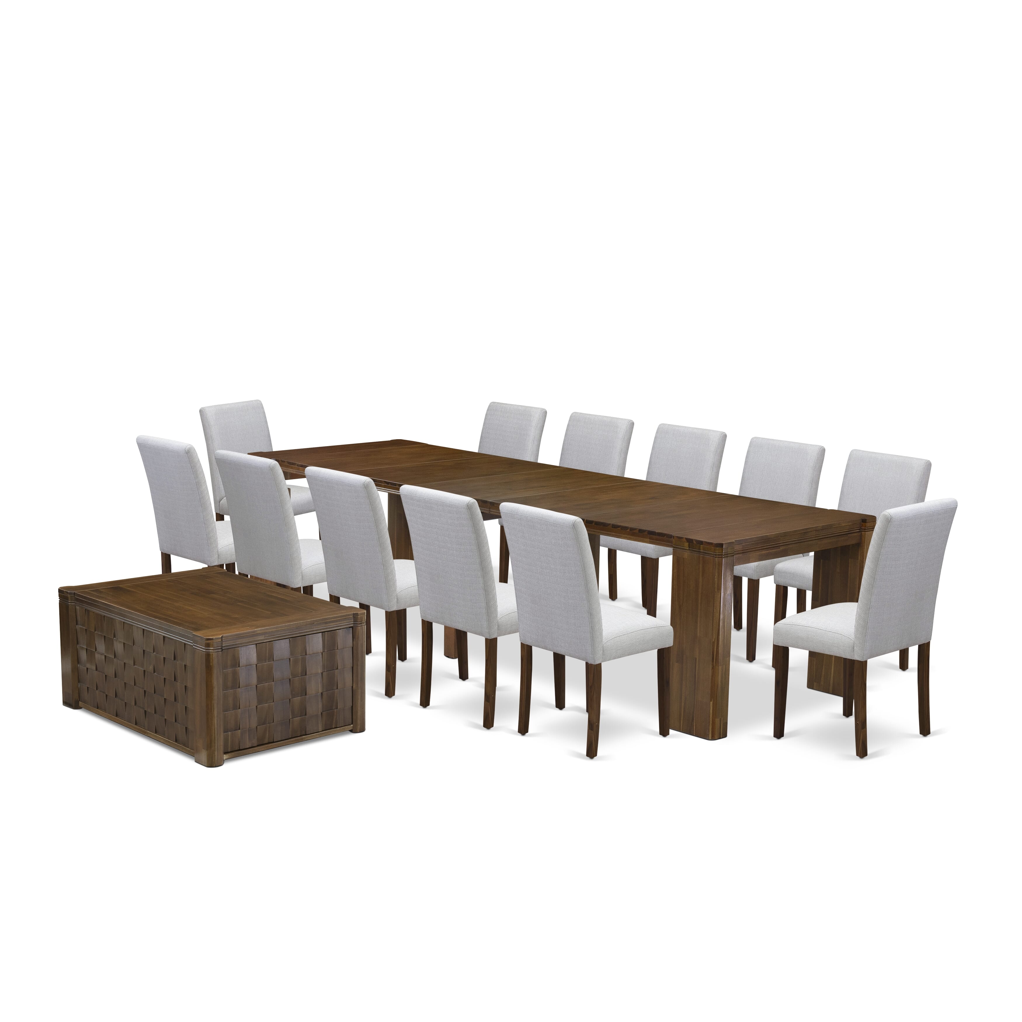 X12AB-0C8-05-14 Pieces Extendable Dining Set Includes a Rectangle Xtenczar Dining Table, 1 Coffee Table and 12 Gray Linen Fabric Dining Chairs, Antique Walnut