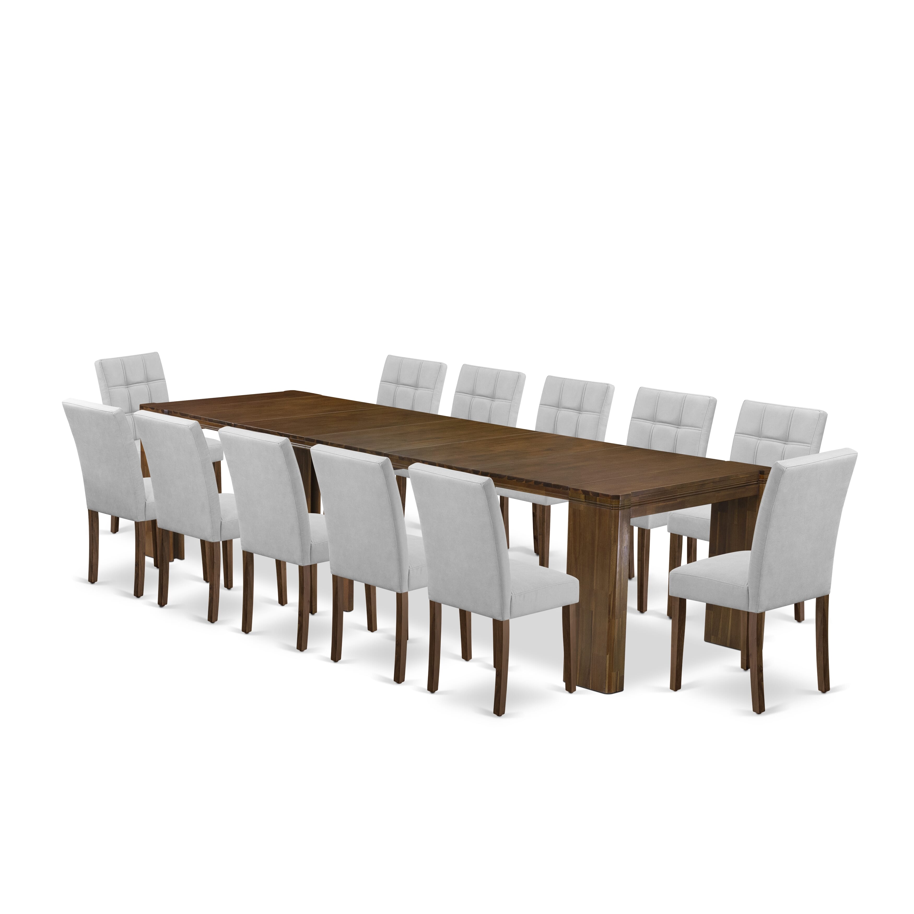 X12AS-008-08 -13 Pieces Extendable Dining Set Includes a Rectangle Xtenczar Kitchen Table and 12 Mist Beige Linen Fabric Dining Chairs, Antique Walnut.