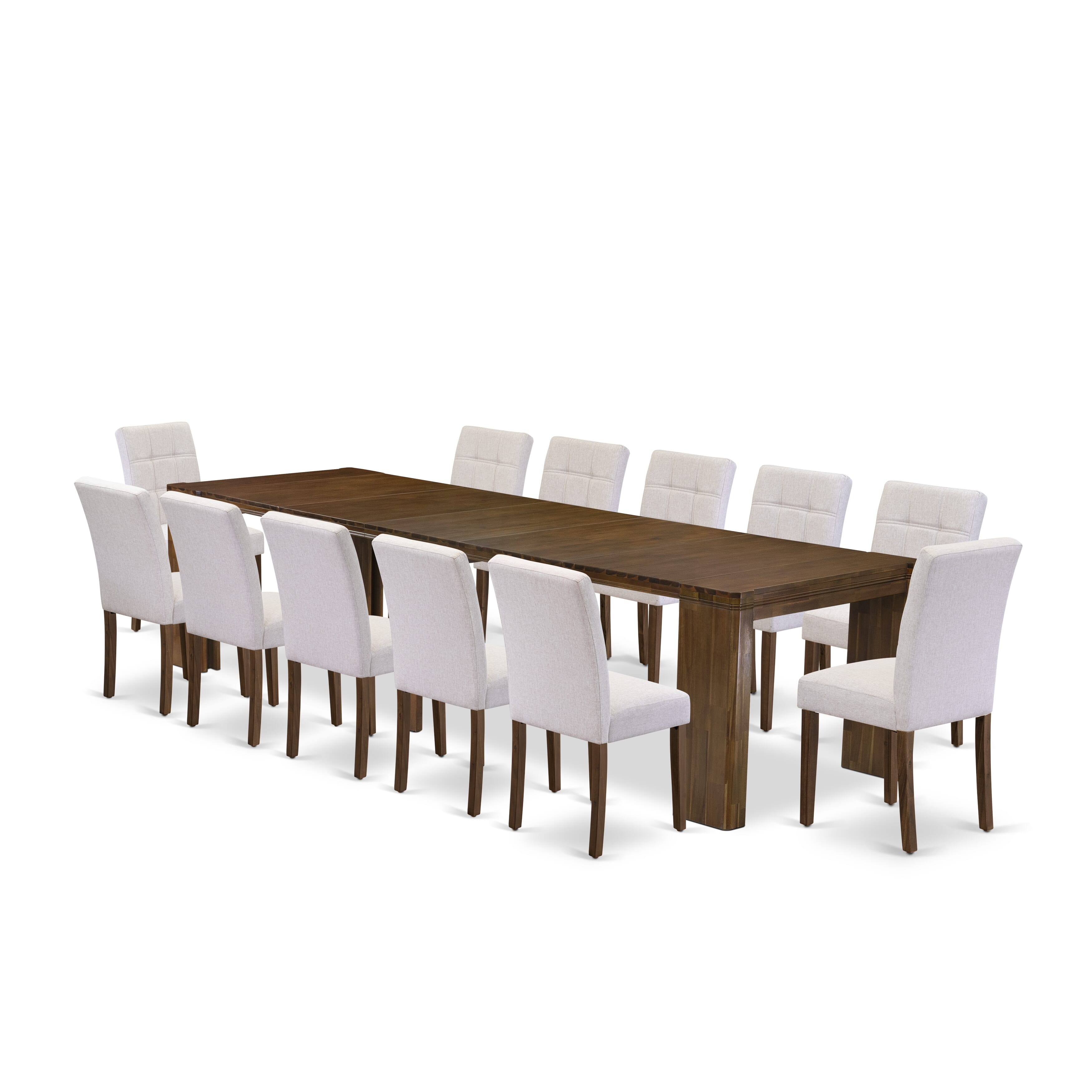 X12AS-008-27 -13 Pieces Extendable Dining Set Includes a Rectangle Xtenczar Kitchen Table and 12 Light Gray Faux Leather Dining Chairs, Antique Walnut.