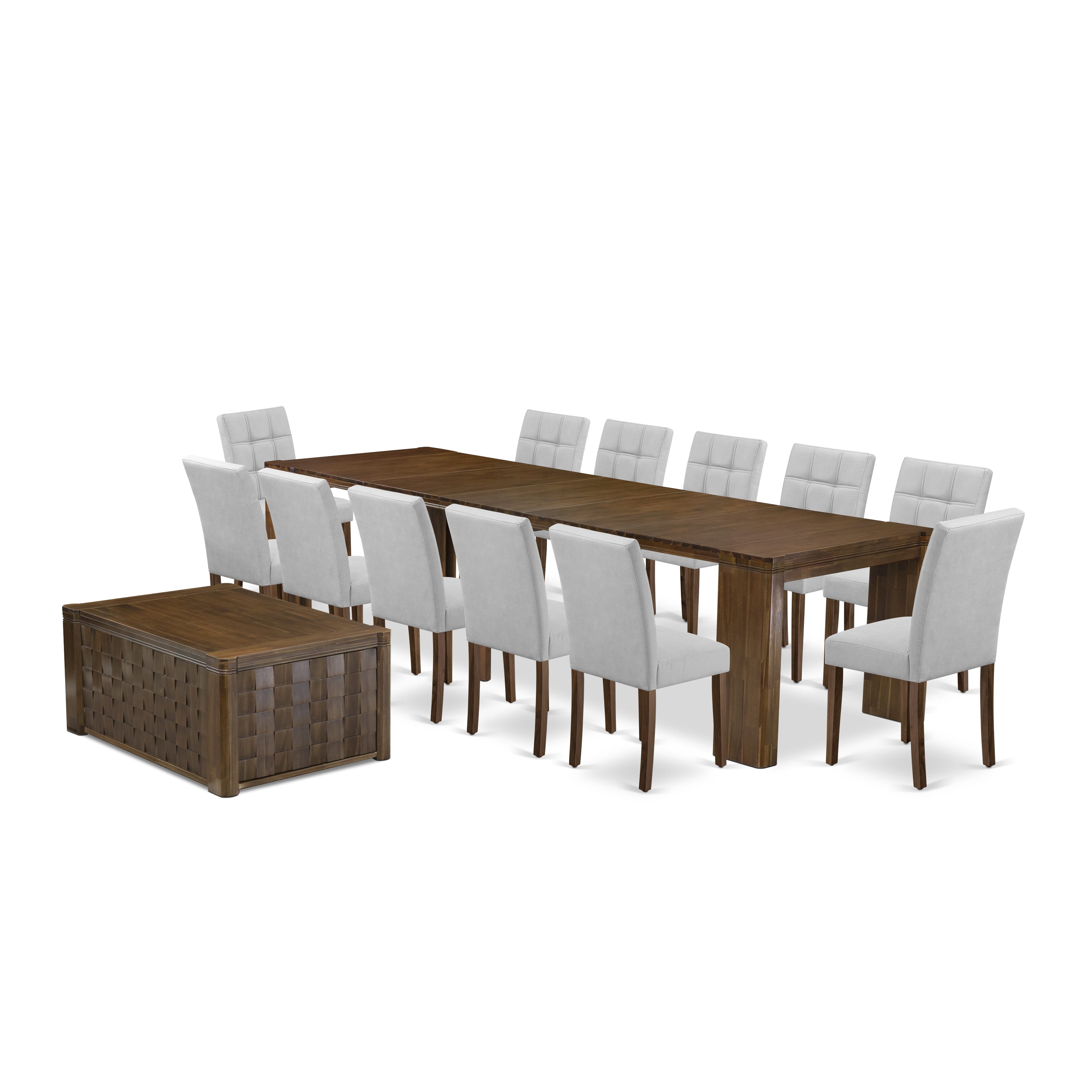 X12AS-0C8-08-14 Pieces Extendable Dining Set Includes a Rectangle Xtenczar Kitchen Table, 1 Coffee Table and 12 Mist Beige Linen Fabric Dining Chairs, Antique Walnut