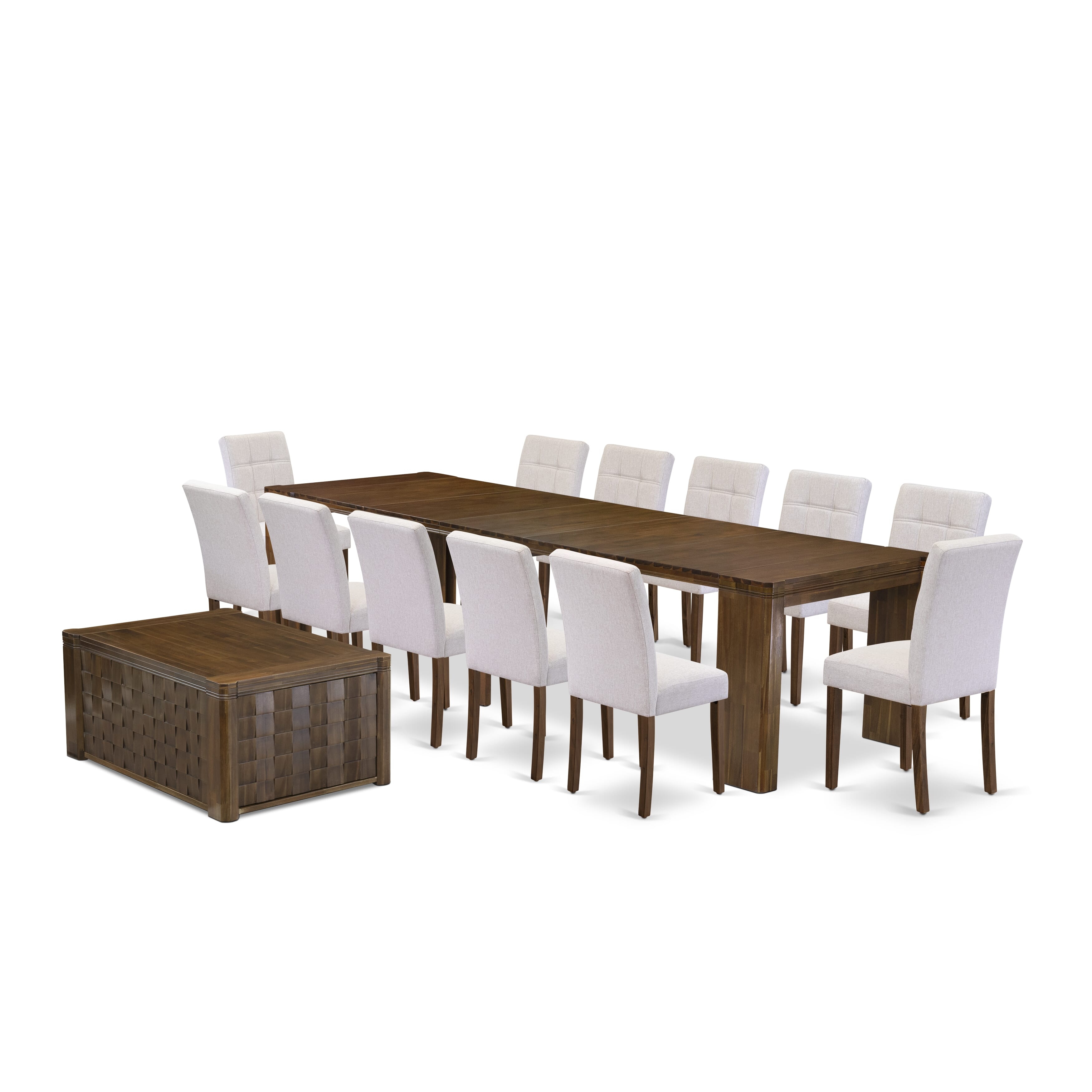 X12AS-0C8-27-14 Pieces Extendable Dining Set Includes a Rectangle Xtenczar Kitchen Table, 1 Coffee Table and 12 Light Gray Faux Leather Dining Chairs, Antique Walnut