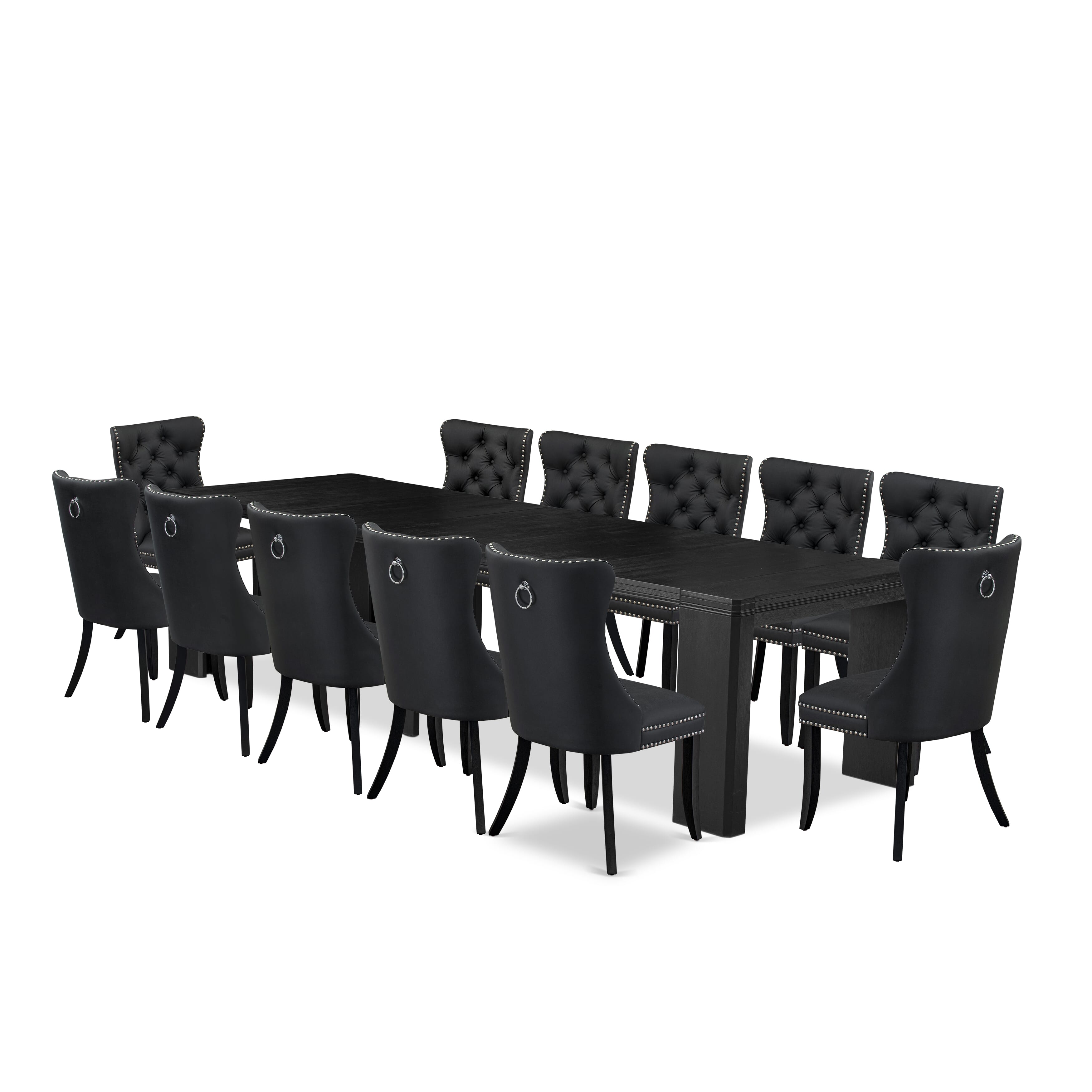 X12DA-006-12 13-piece Xtenczar Kitchen Table Set a Rectangular Xtenczar Dining Table and 12 Dark Grey Faux Leather Dining Chair, Wire Brushed Black