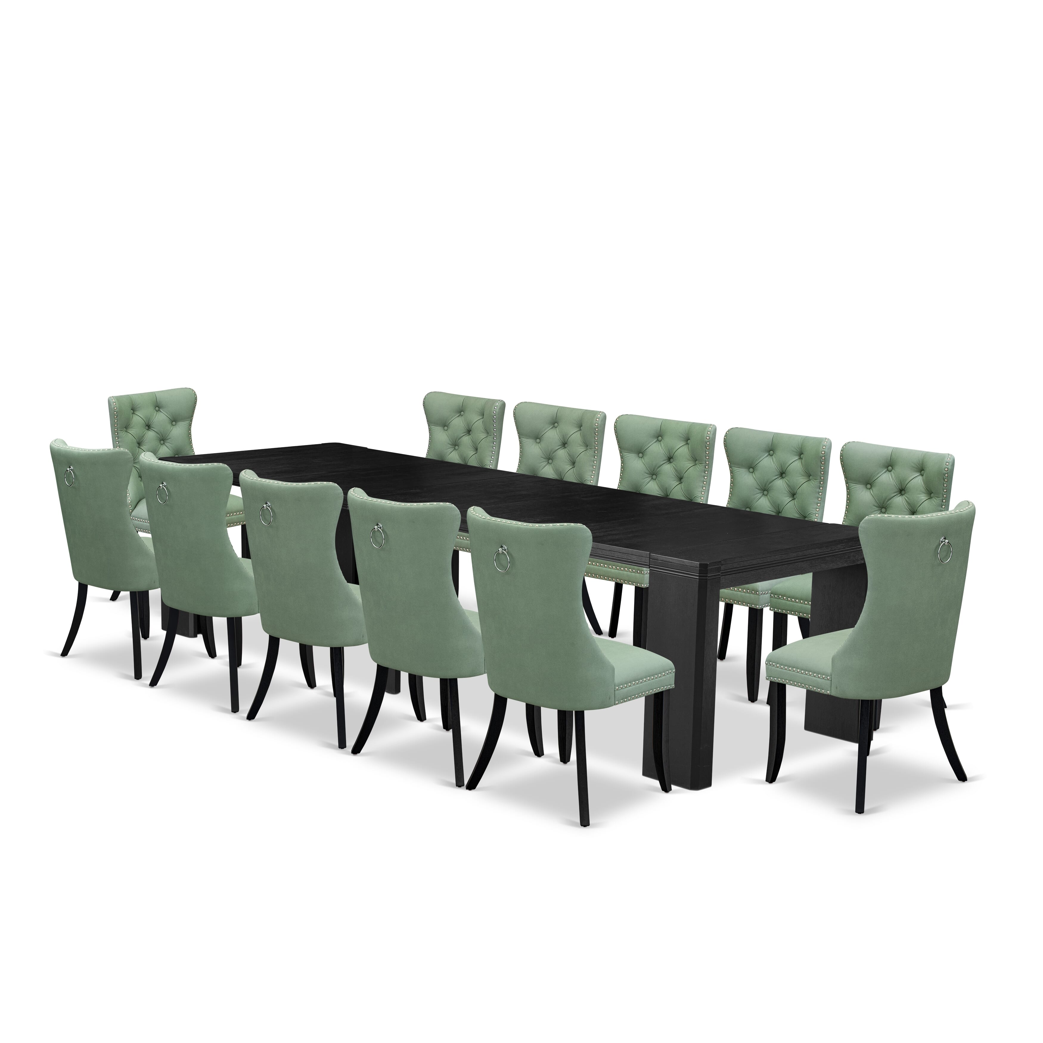 X12DA-006-22 13-piece Kitchen Table Set a Rectangular Xtenczar Modern Dining Table and 12 Willow Green Faux Leather Kitchen Chair, Wire Brushed Black
