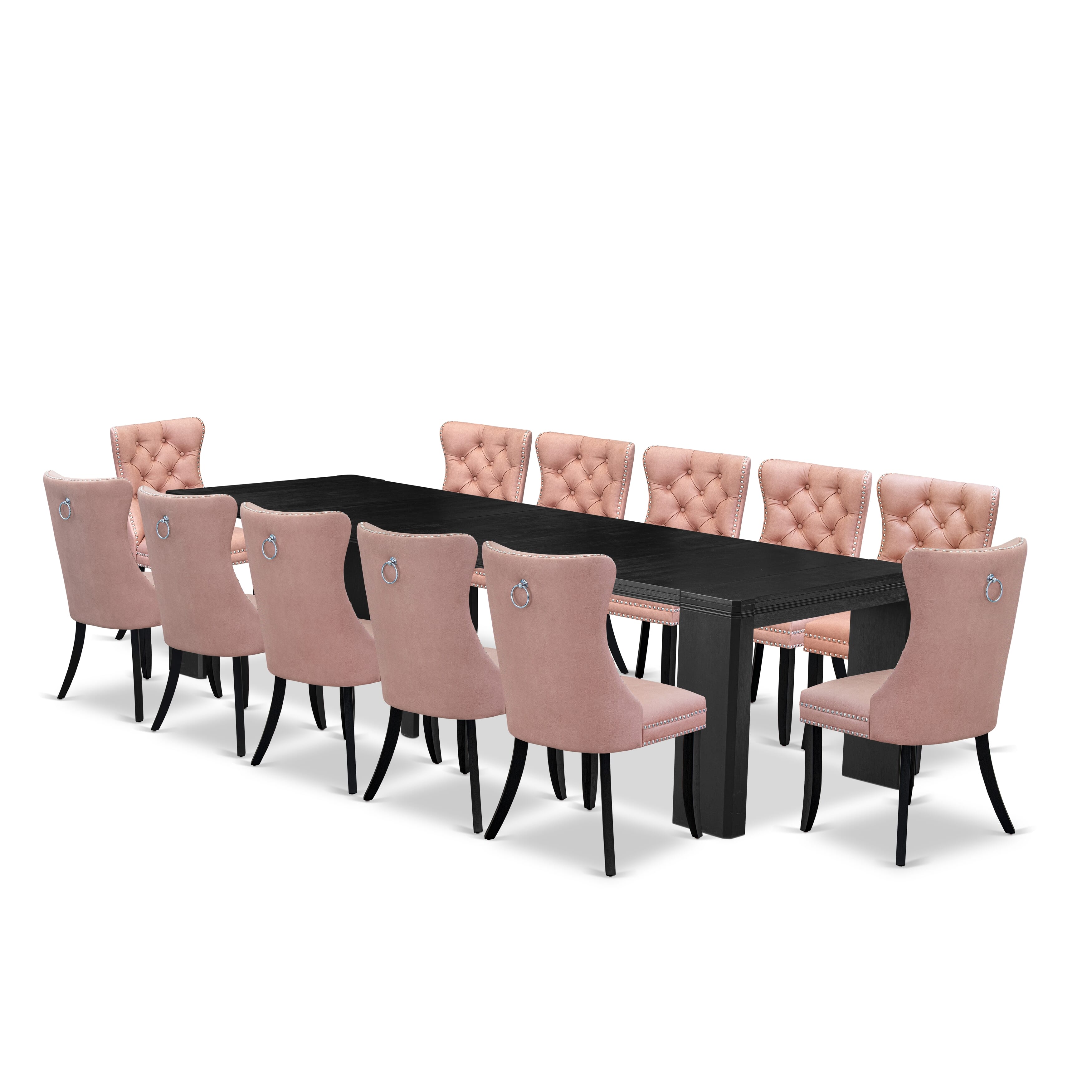 X12DA-006-23 13-piece Xtenczar Modern Xtenczar Dining Table Set a Rectangular Kitchen Table and 12 Beige Red Faux Leather Dining Chair, Wire Brushed Black