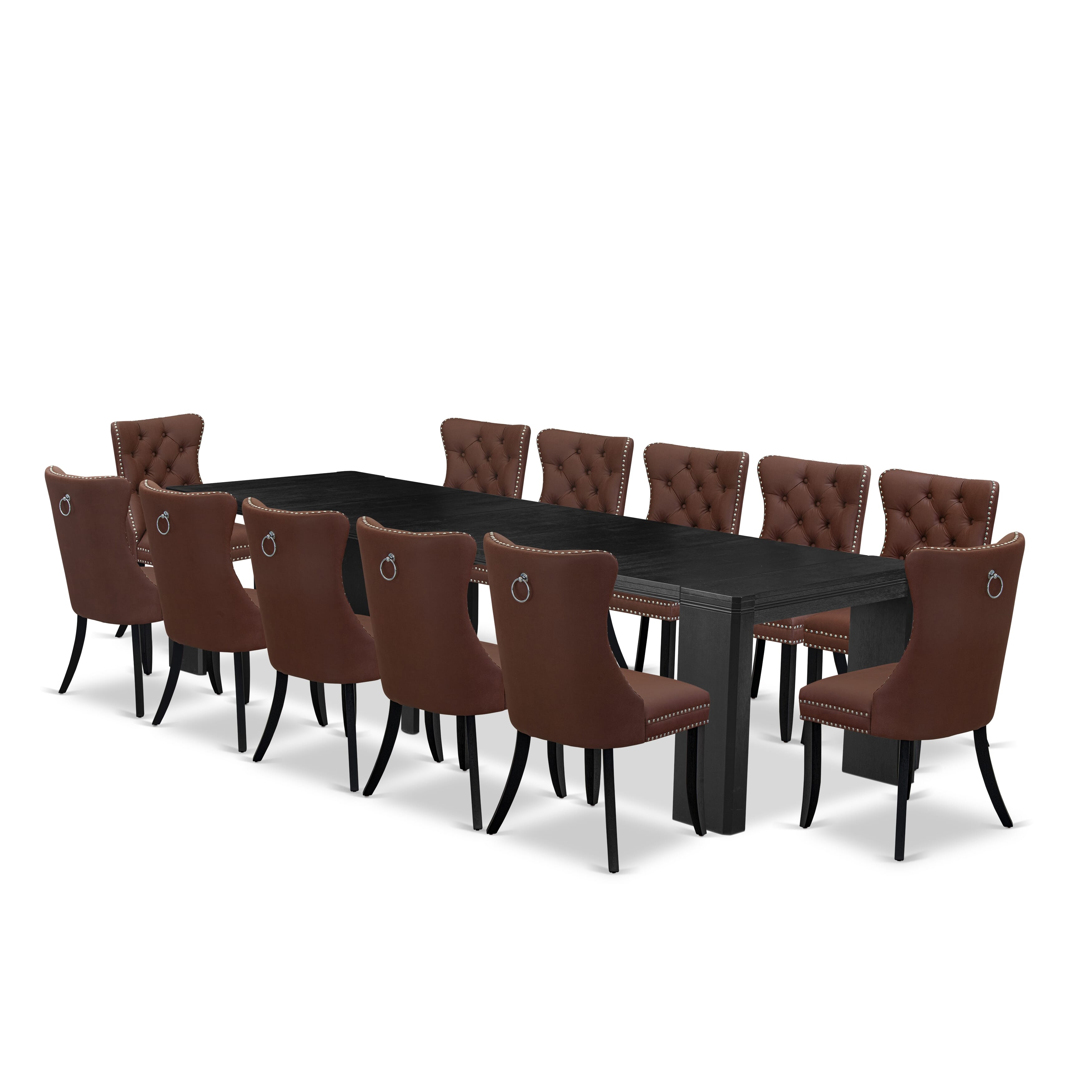 X12DA-006-26 13-piece Xtenczar Dining Table Set a Rectangular Kitchen Table and 12 Burgundy Faux Leather Dining Chair, Wire Brushed Black