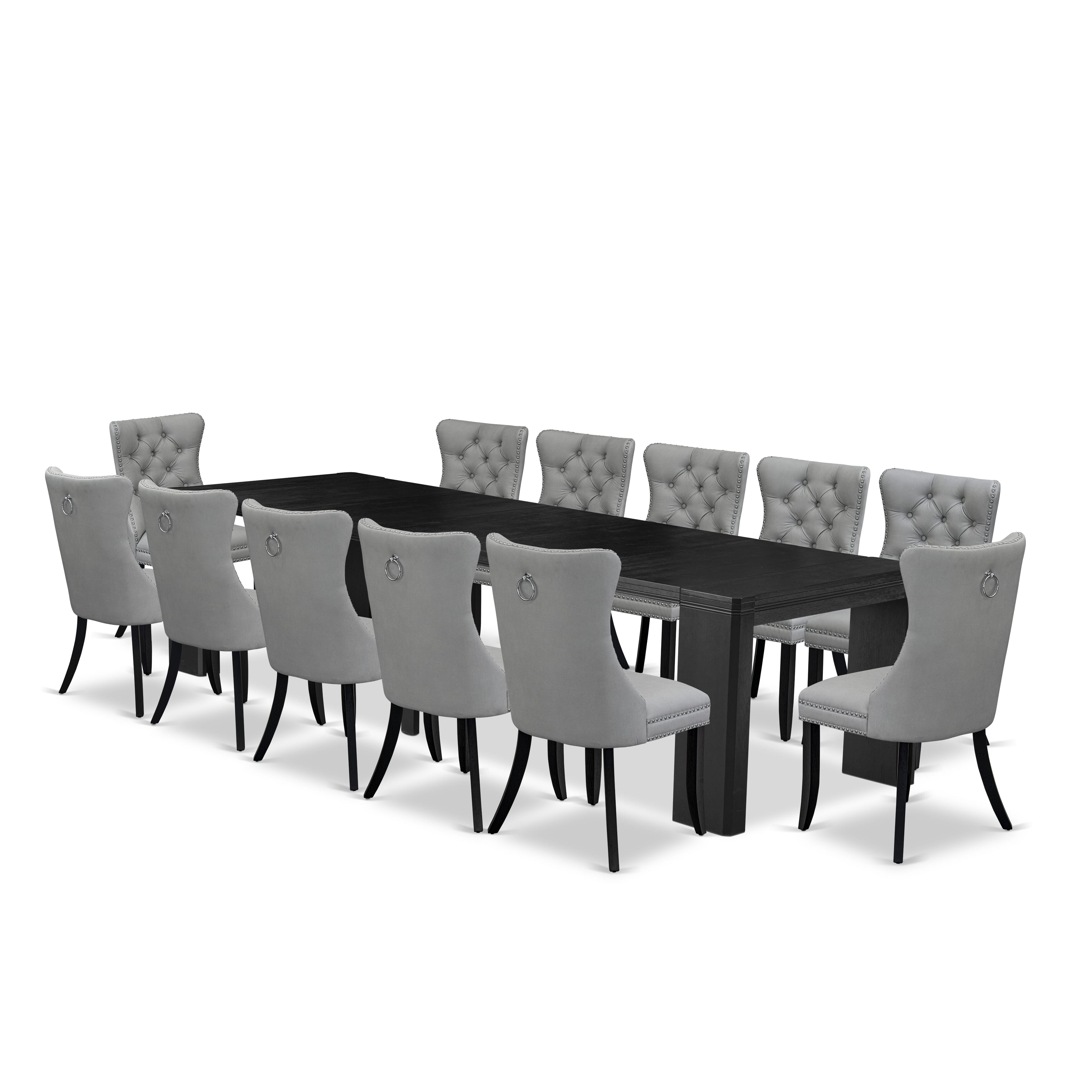 X12DA-006-27 13-piece Kitchen Table Set a Rectangular Xtenczar Modern Dining Table and 12 Light Gray Faux Leather mid-century Chair, Wire Brushed Black