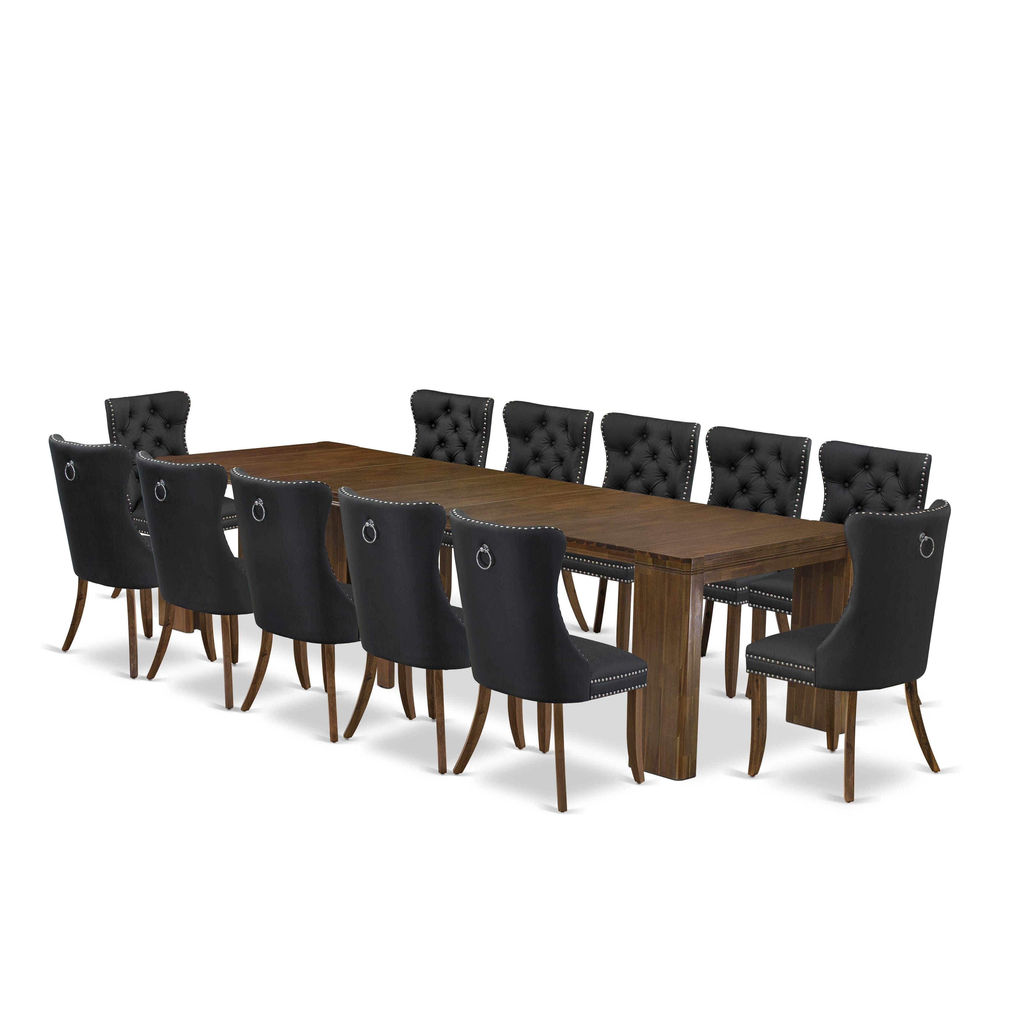 X12DA-008-12 -13 Pieces Extendable Dining Set Includes a Rectangle Xtenczar Kitchen Table and 12 Dark Gray Faux Leather Dining Chairs, Antique Walnut.