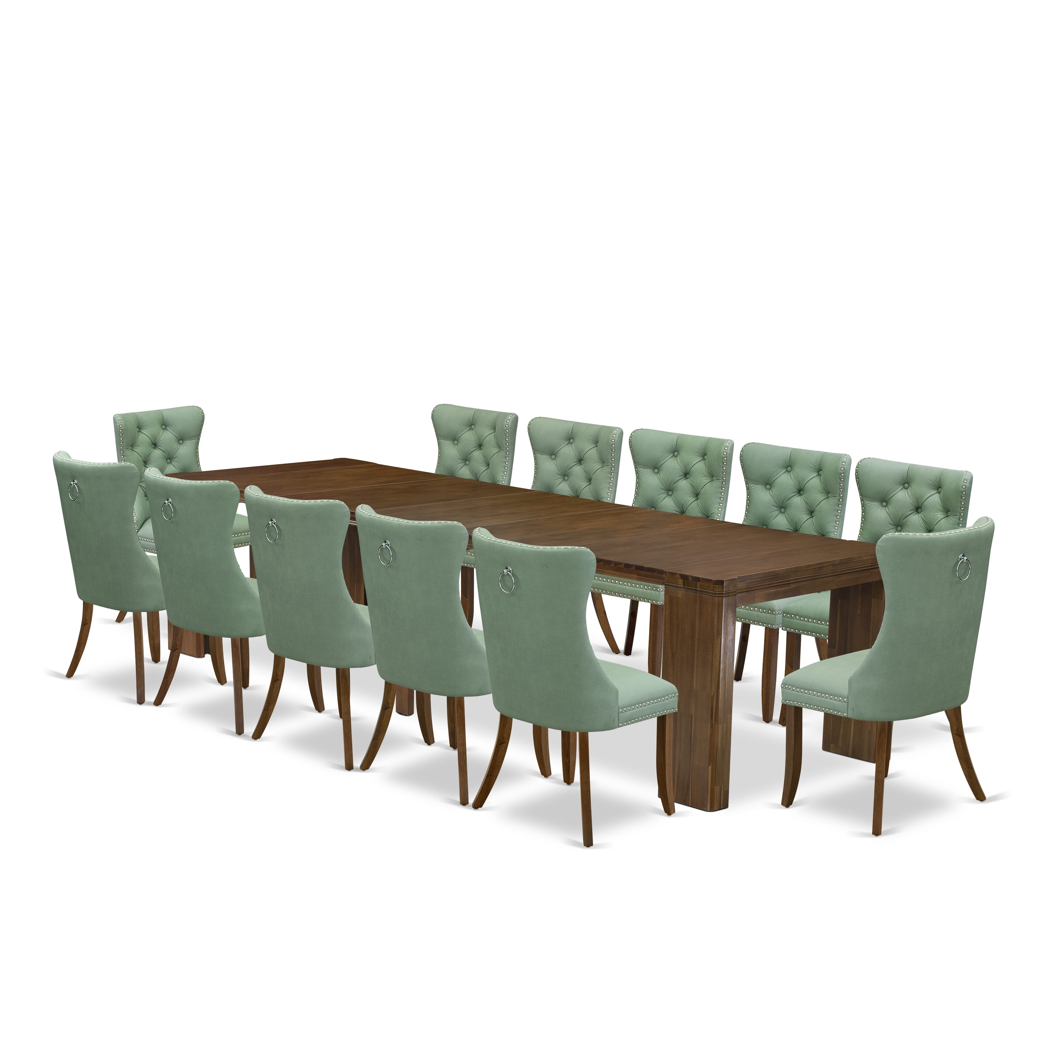 X12DA-008-22 -13 Pieces Extendable Dining Set Includes a Rectangle Xtenczar Kitchen Table and 12 Willow Green Faux Leather Dining Chairs, Antique Walnut.